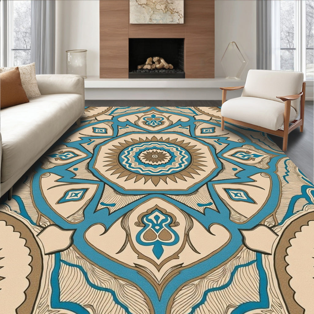 Intricate Medallion Teal Brown Pattern Rug