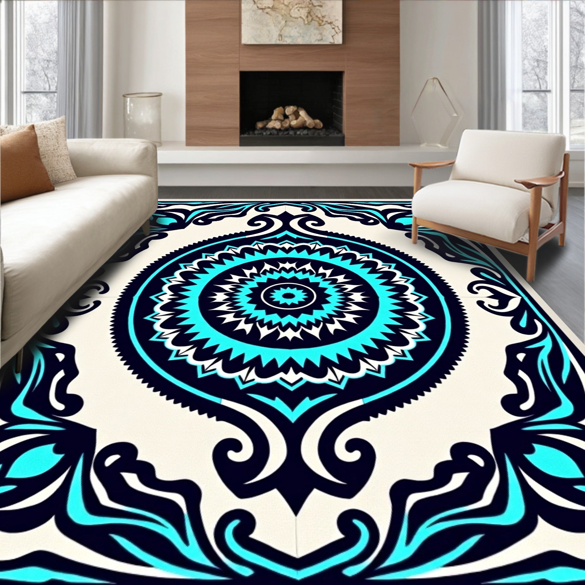 Symmetrical Teal Navy Mandala Pattern Rug
