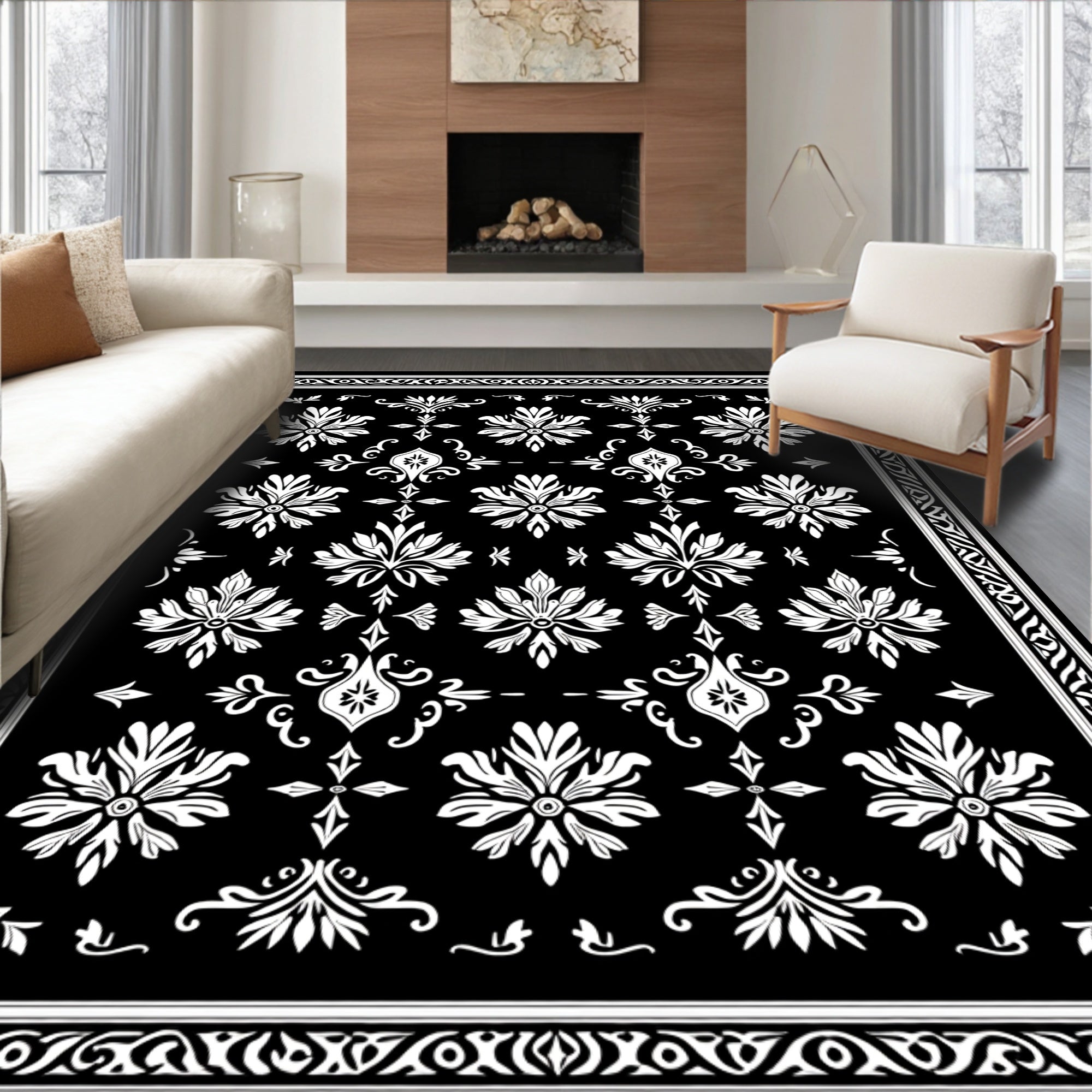 Classic Black White Floral Damask Rug