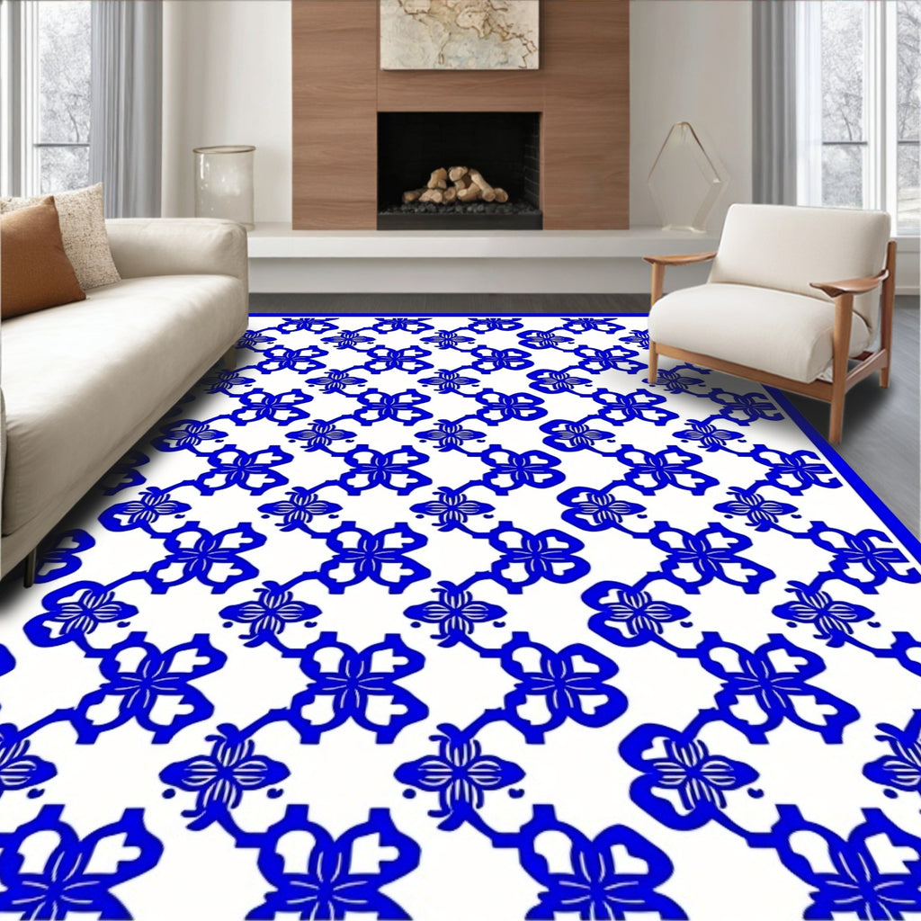 Blue White Floral Interlocking Pattern Rug