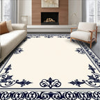 Ornate Dark Navy Floral Border Design Rug