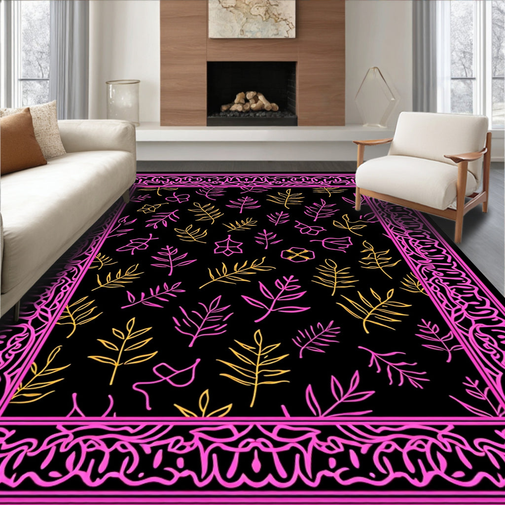 Pink Yellow Leafy Border Rug