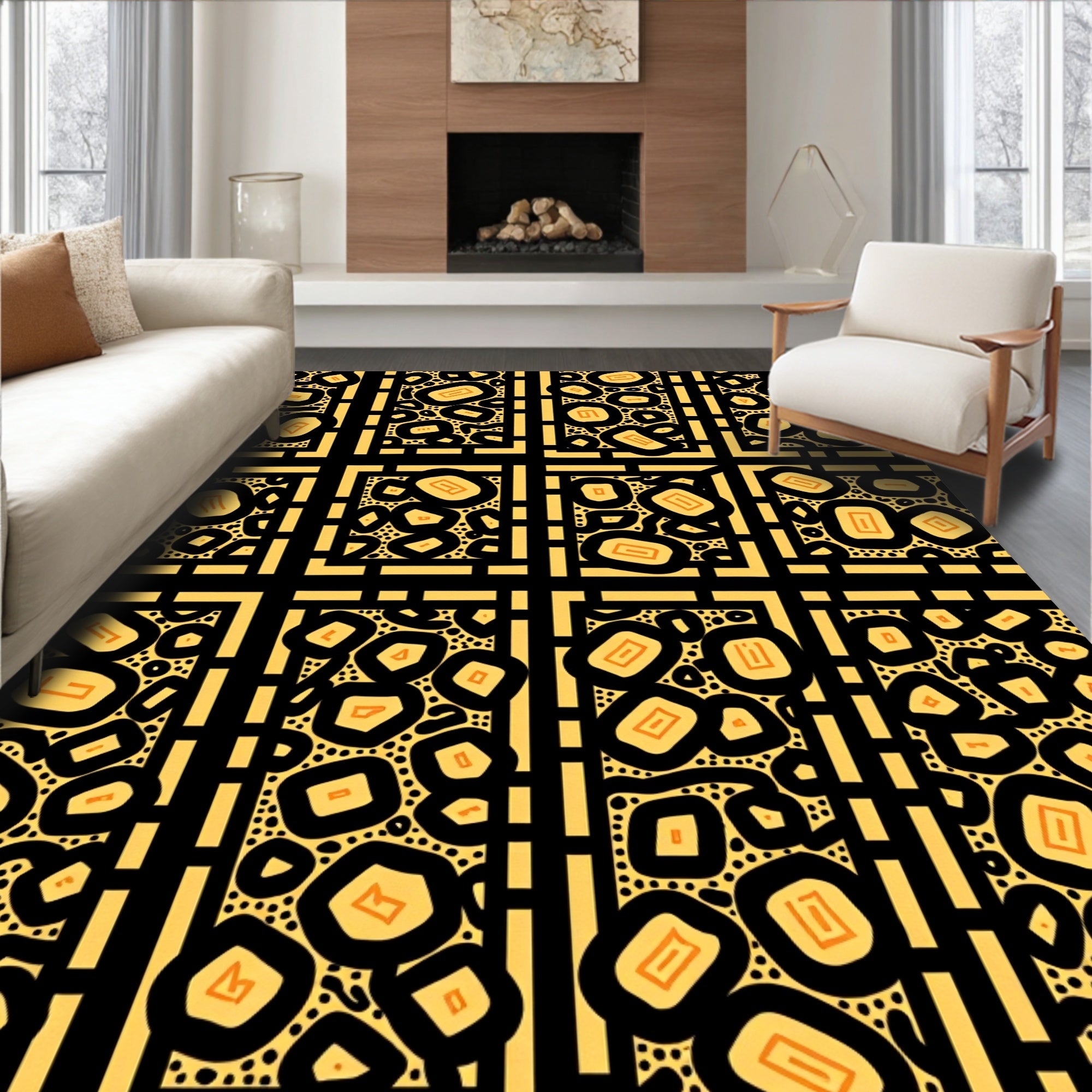 Abstract Geometric Pattern Yellow Black Rug