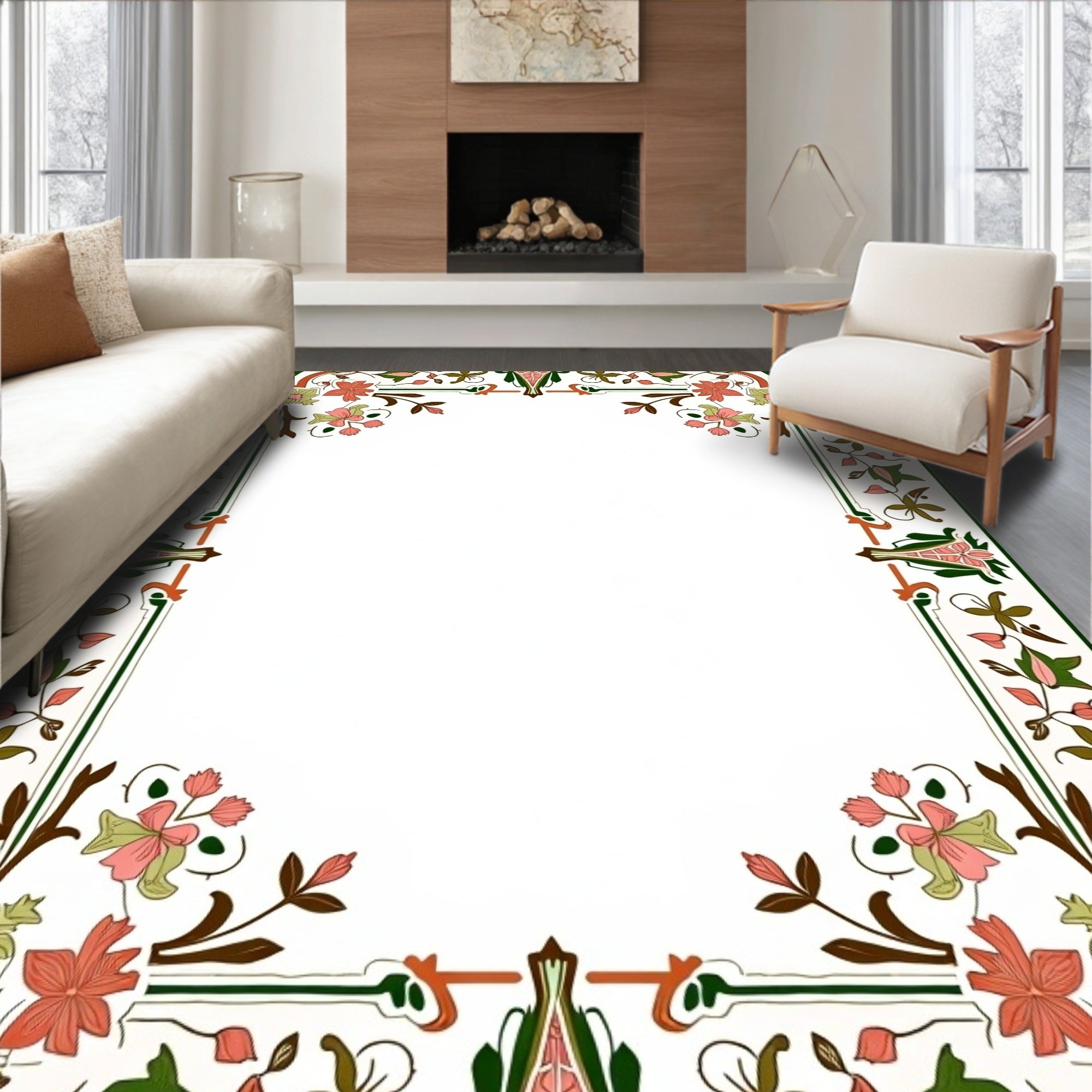 Ornate Floral Vine Border Design Rug