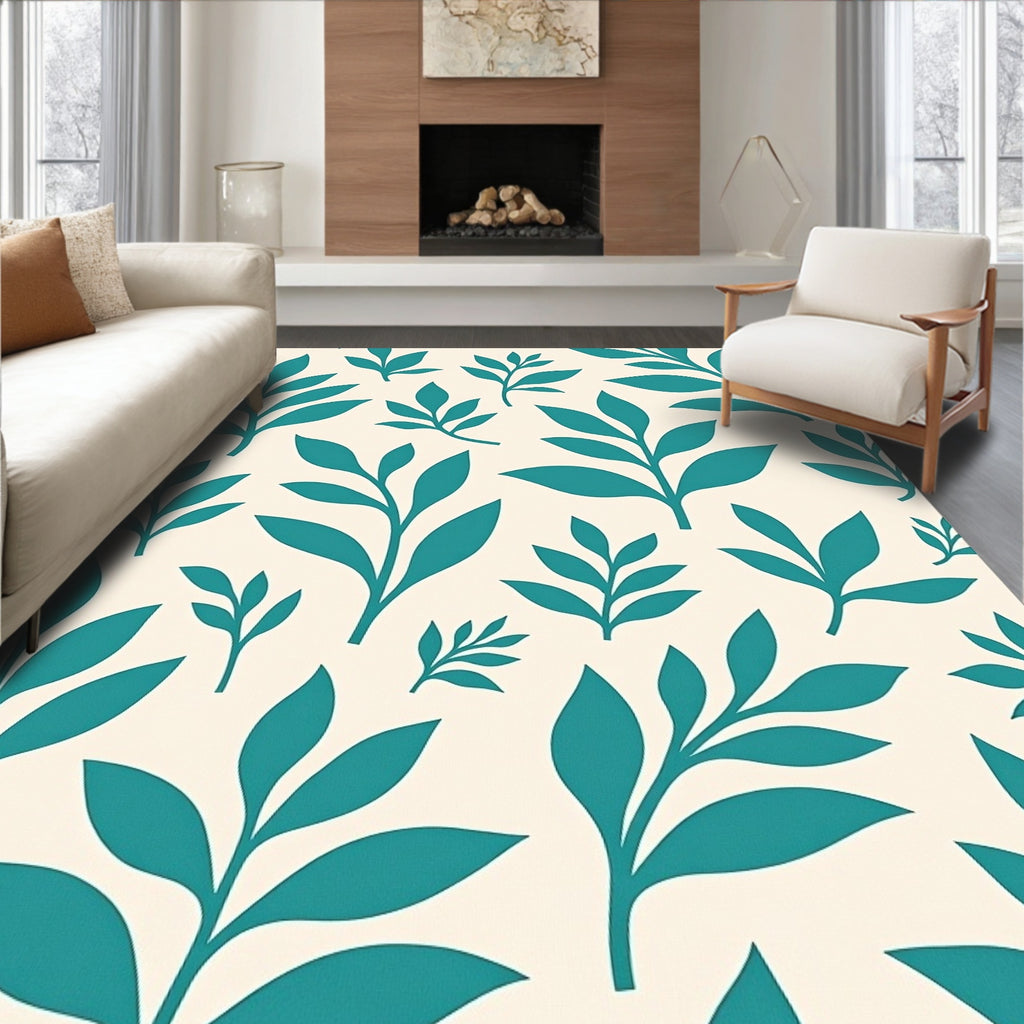 Teal Leaf Pattern On Cream Background Rug