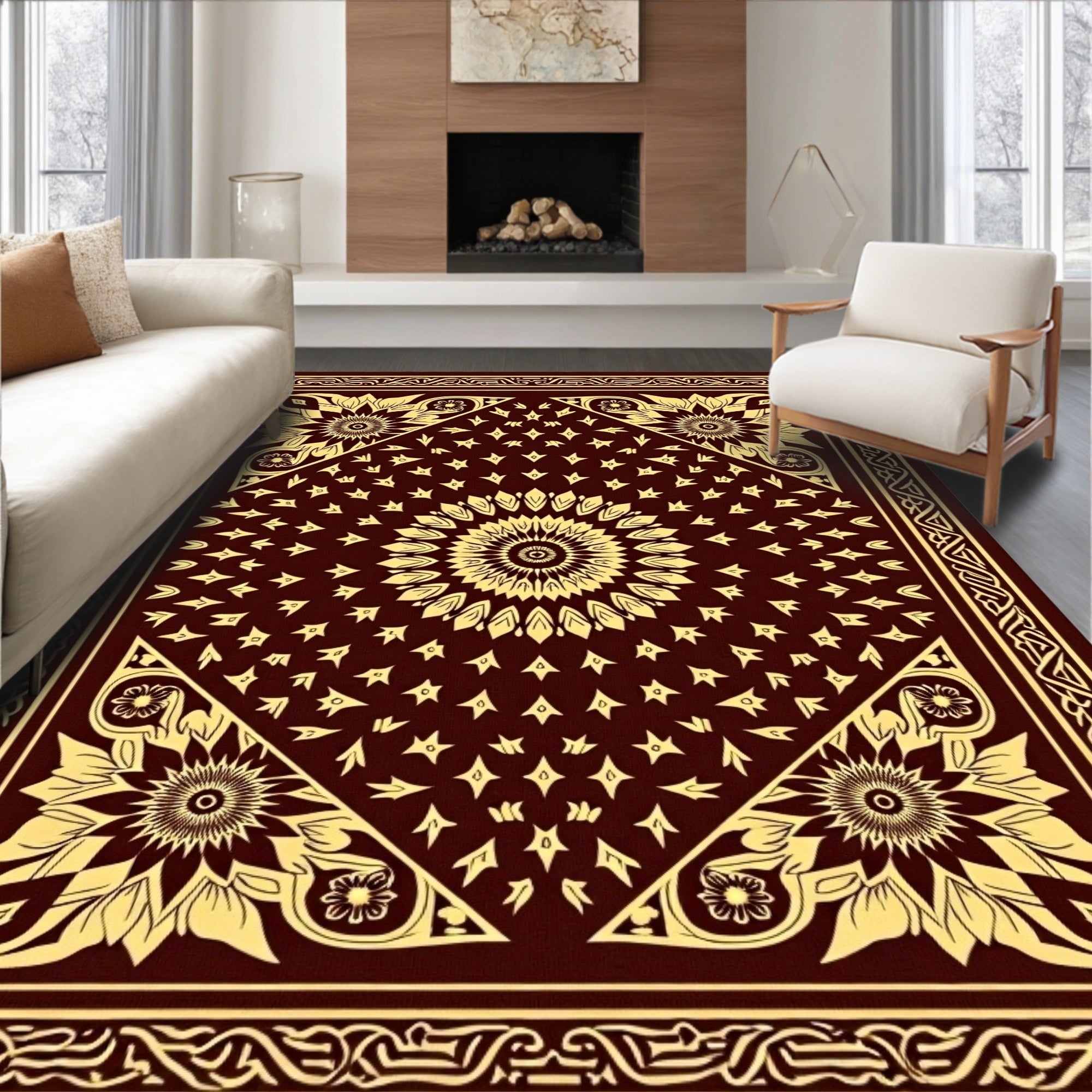 Ornate Floral Mandala Deep Red Rug