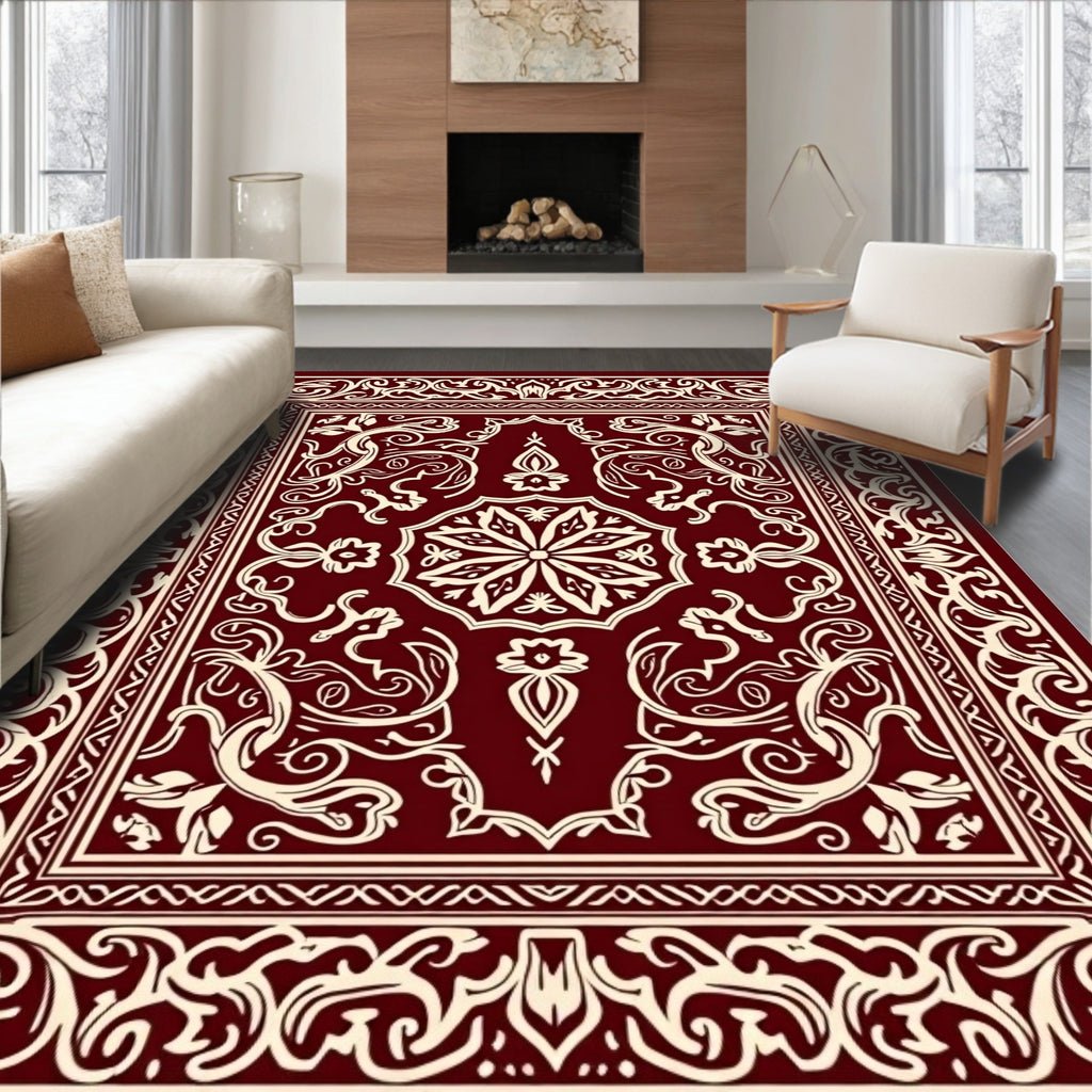 Ornate Red Cream Floral Pattern Rug