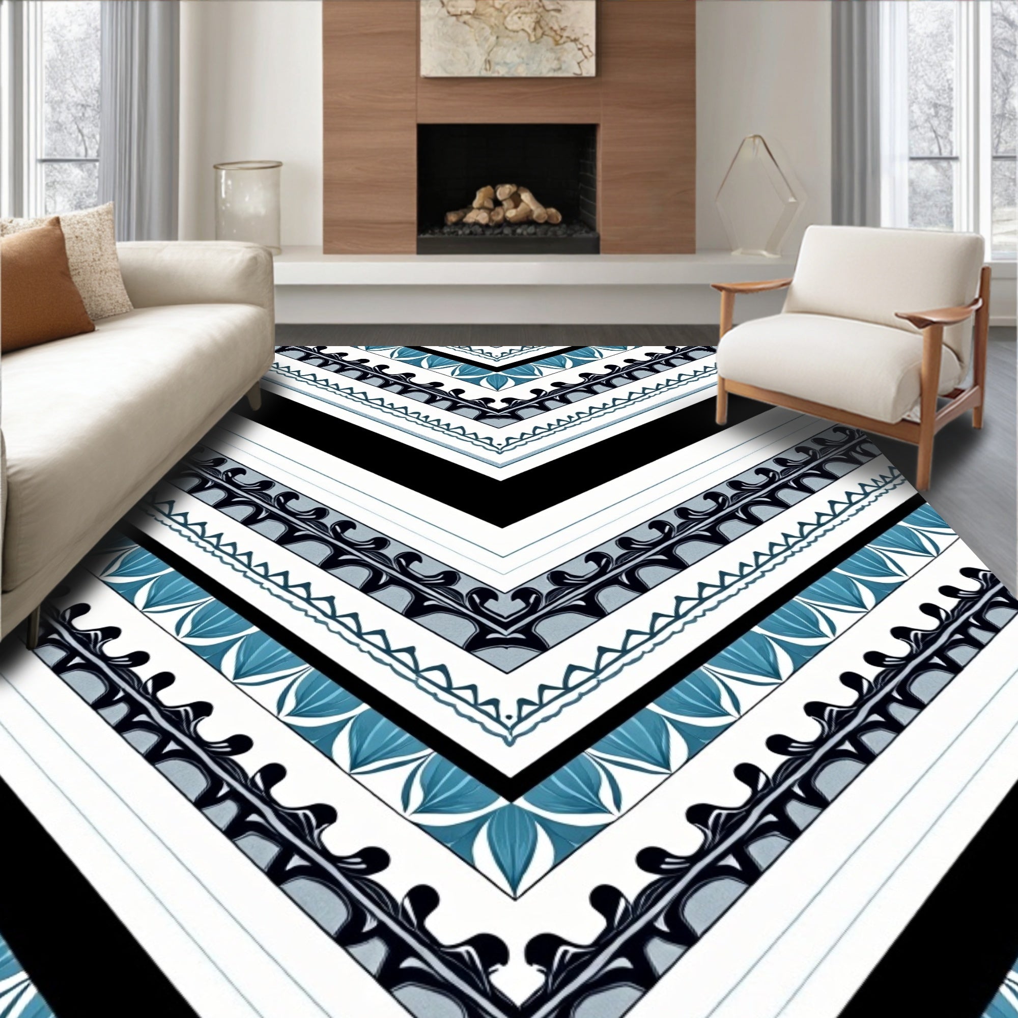 Chevron Black Teal Leaf Bands Rug