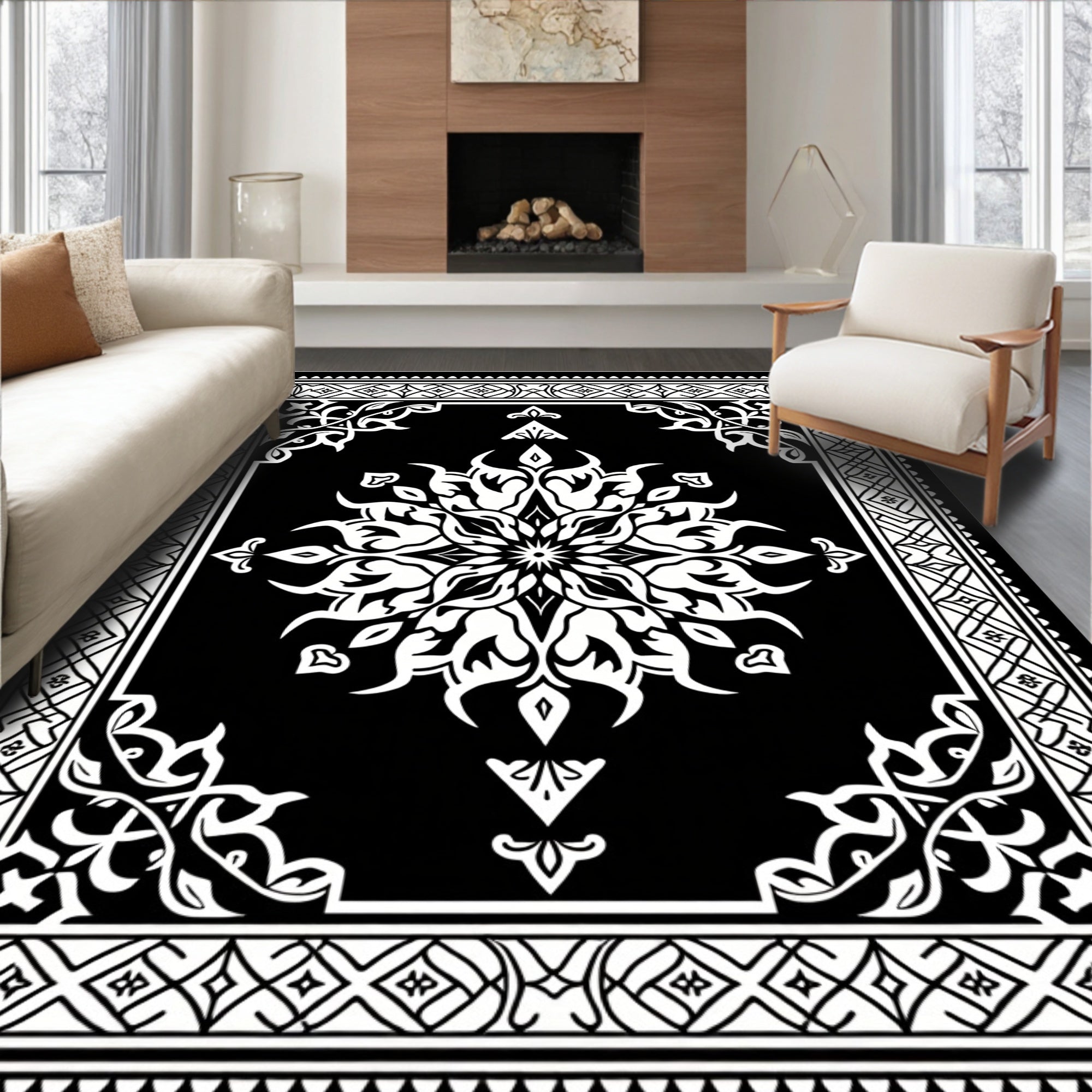 Black White Floral Mandala Design Rug