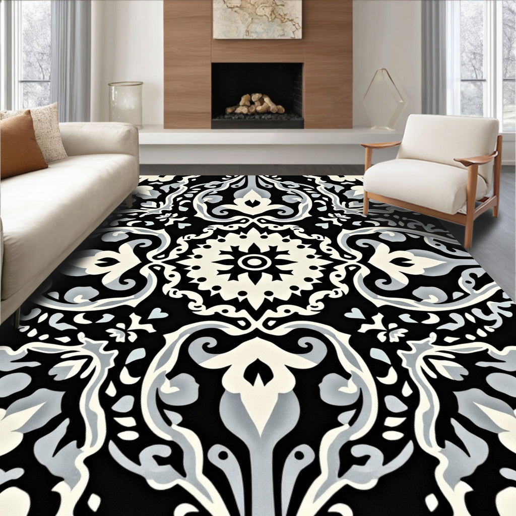 Intricate Scrollwork Floral Damask Pattern Rug