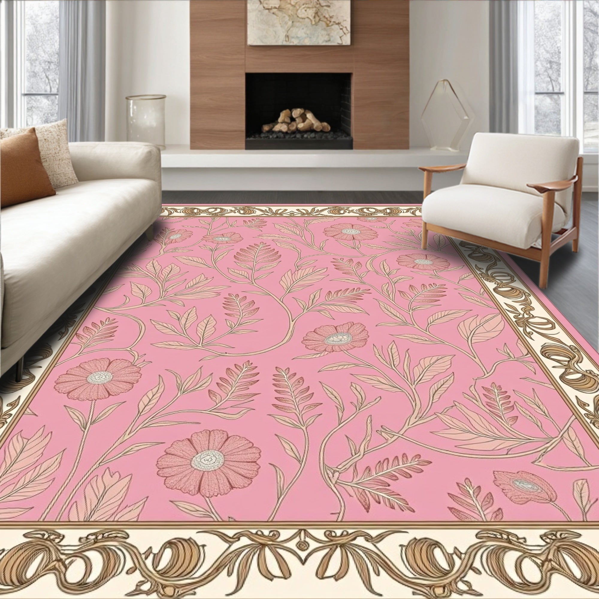 Vintage Pink Floral Botanical Pattern Rug