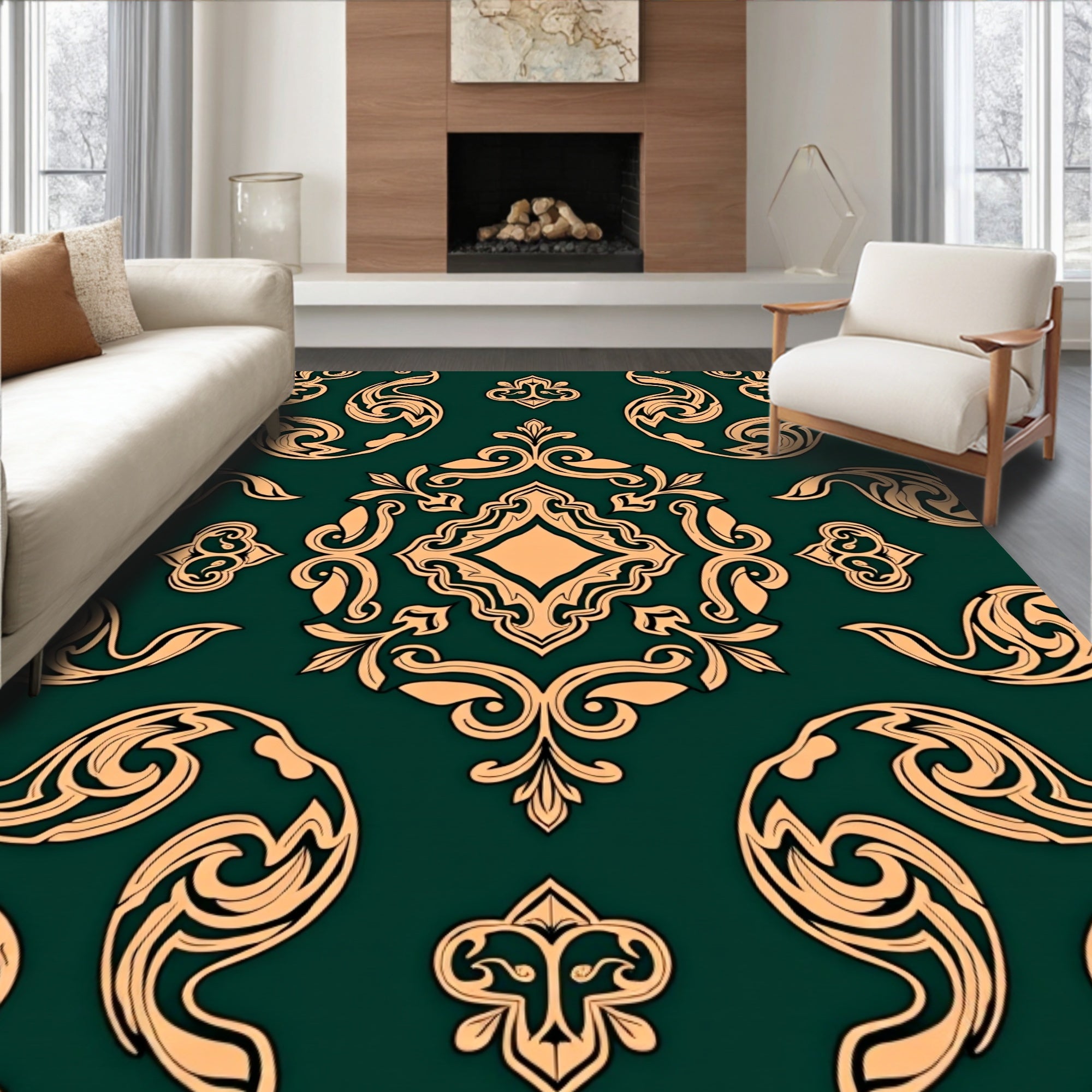 Ornate Emerald and Gold Filigree Pattern Rug