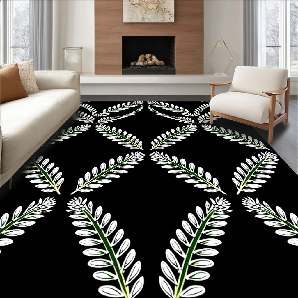Black Green White Leafed Vine Rhombus Rug