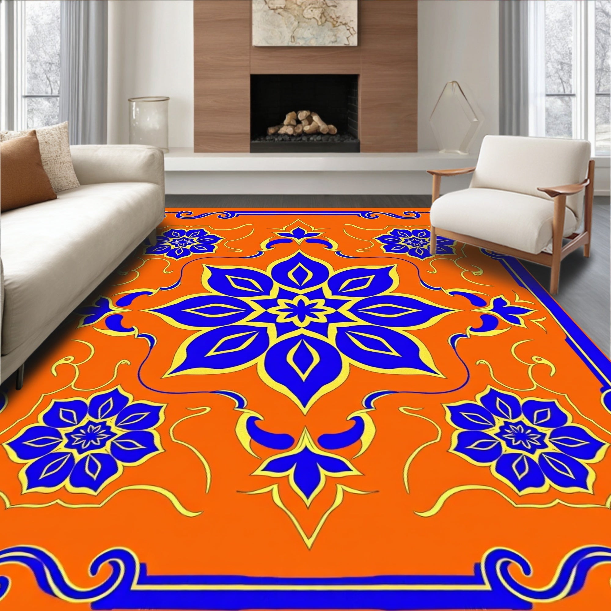Vibrant Blue Gold Floral Medallion Rug