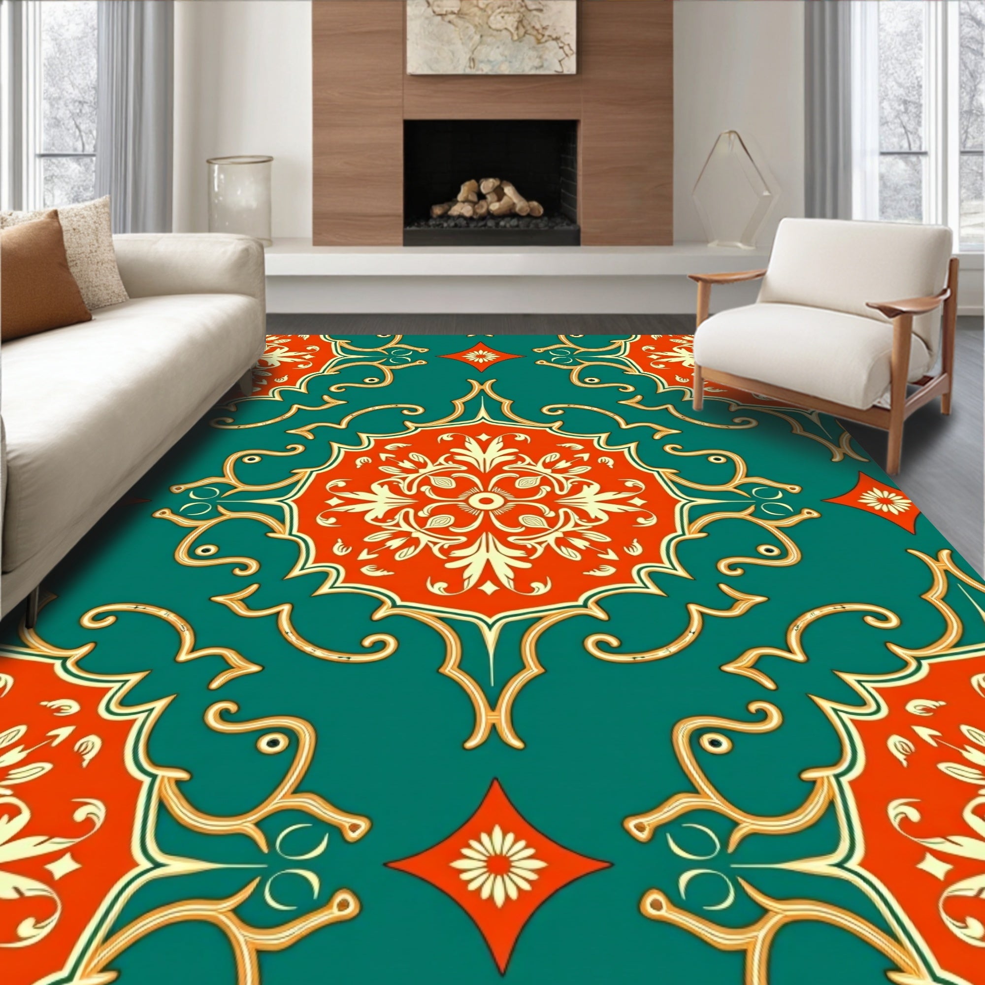 Classic Teal Orange Floral Arabesque Rug
