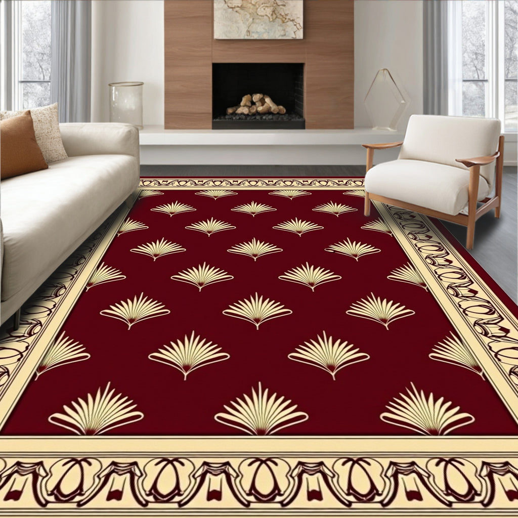 Elegant Burgundy Fan Motif Rug