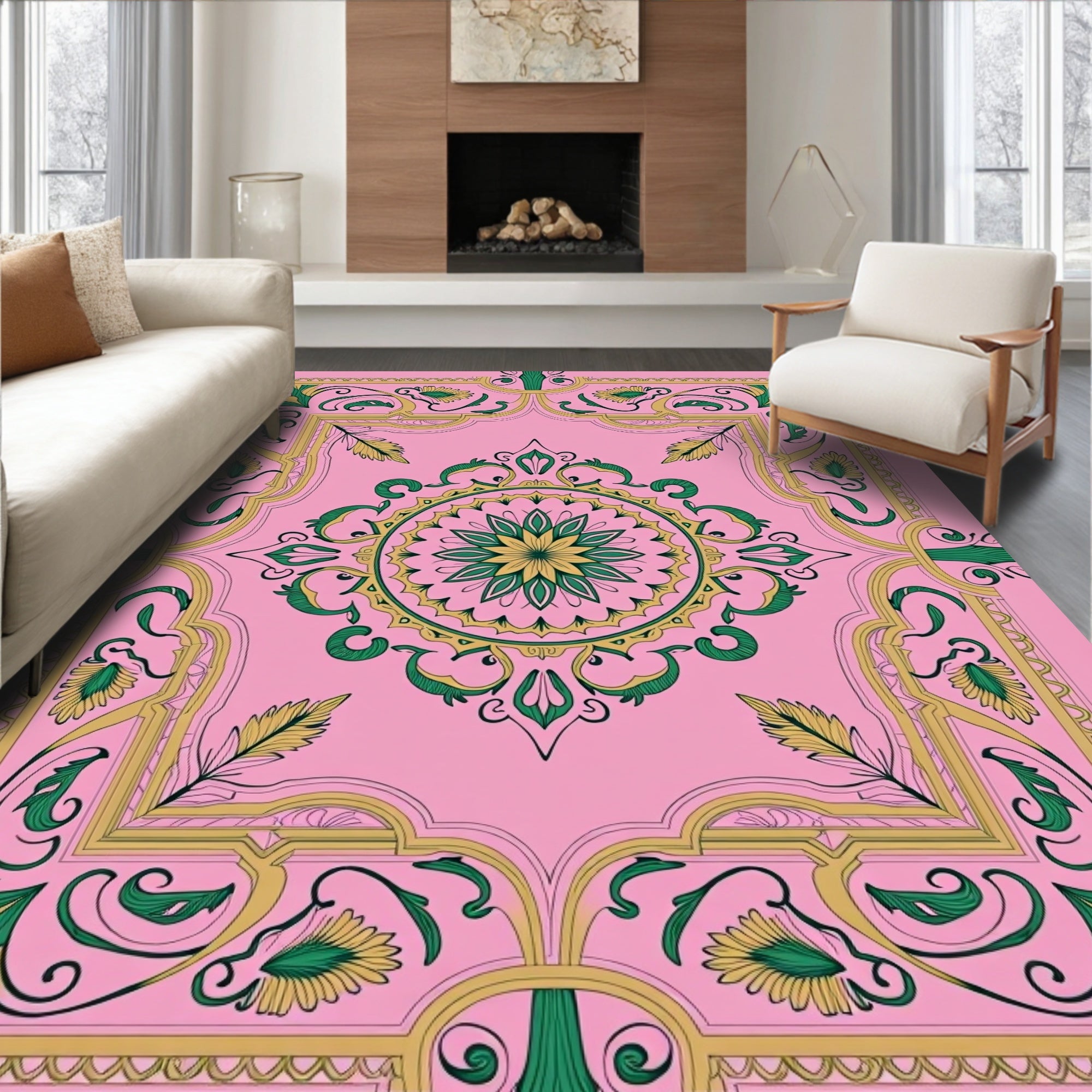 Pink Green Mandala Floral Pattern Rug