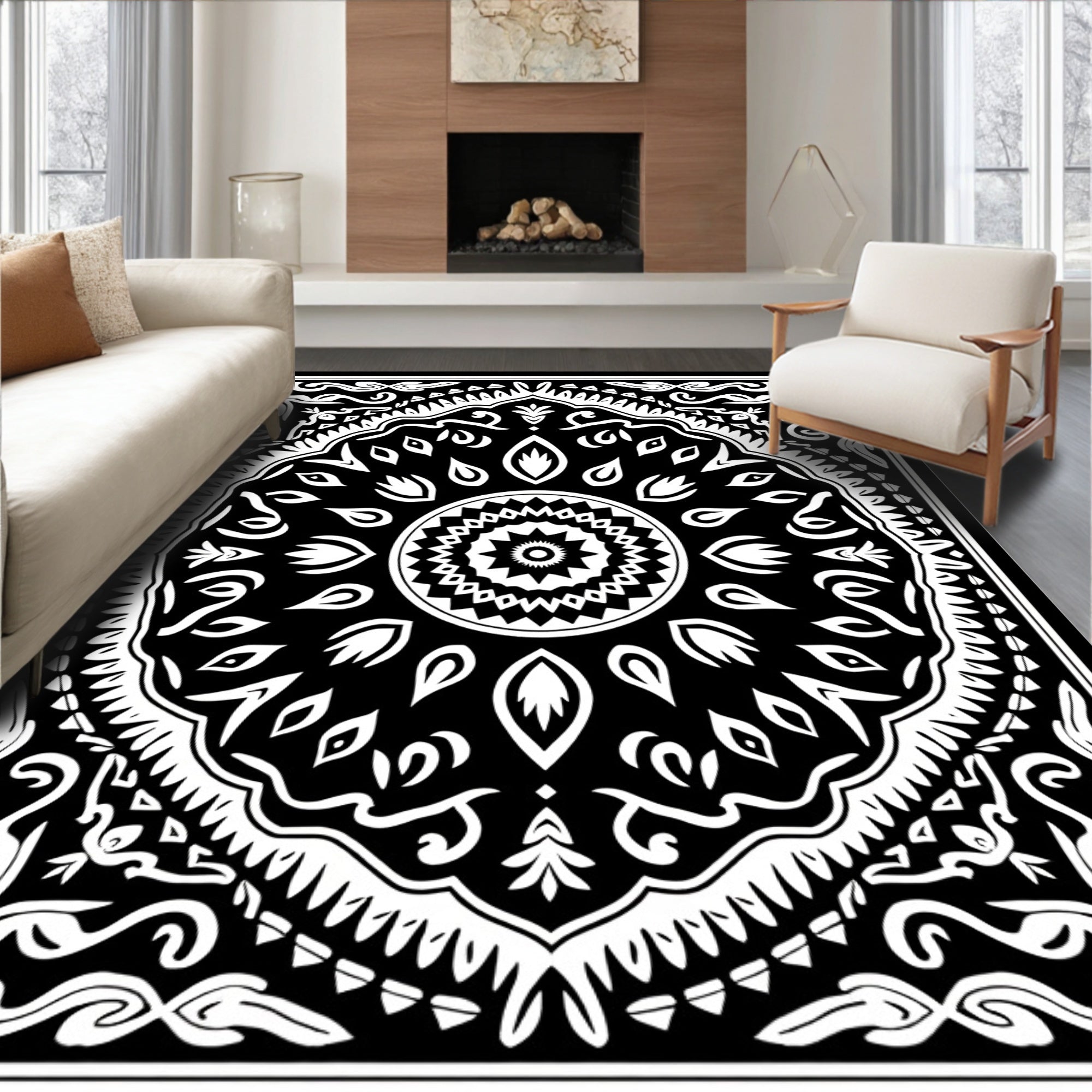 Black White Mandala Style Pattern Rug