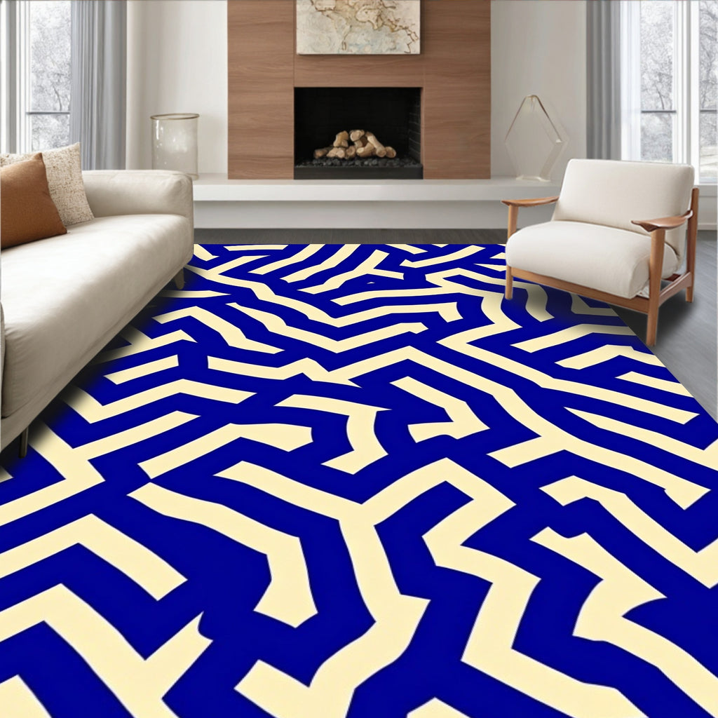 Blue Cream Abstract Maze Pattern Rug