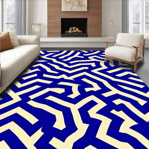 Blue Cream Abstract Maze Pattern Rug