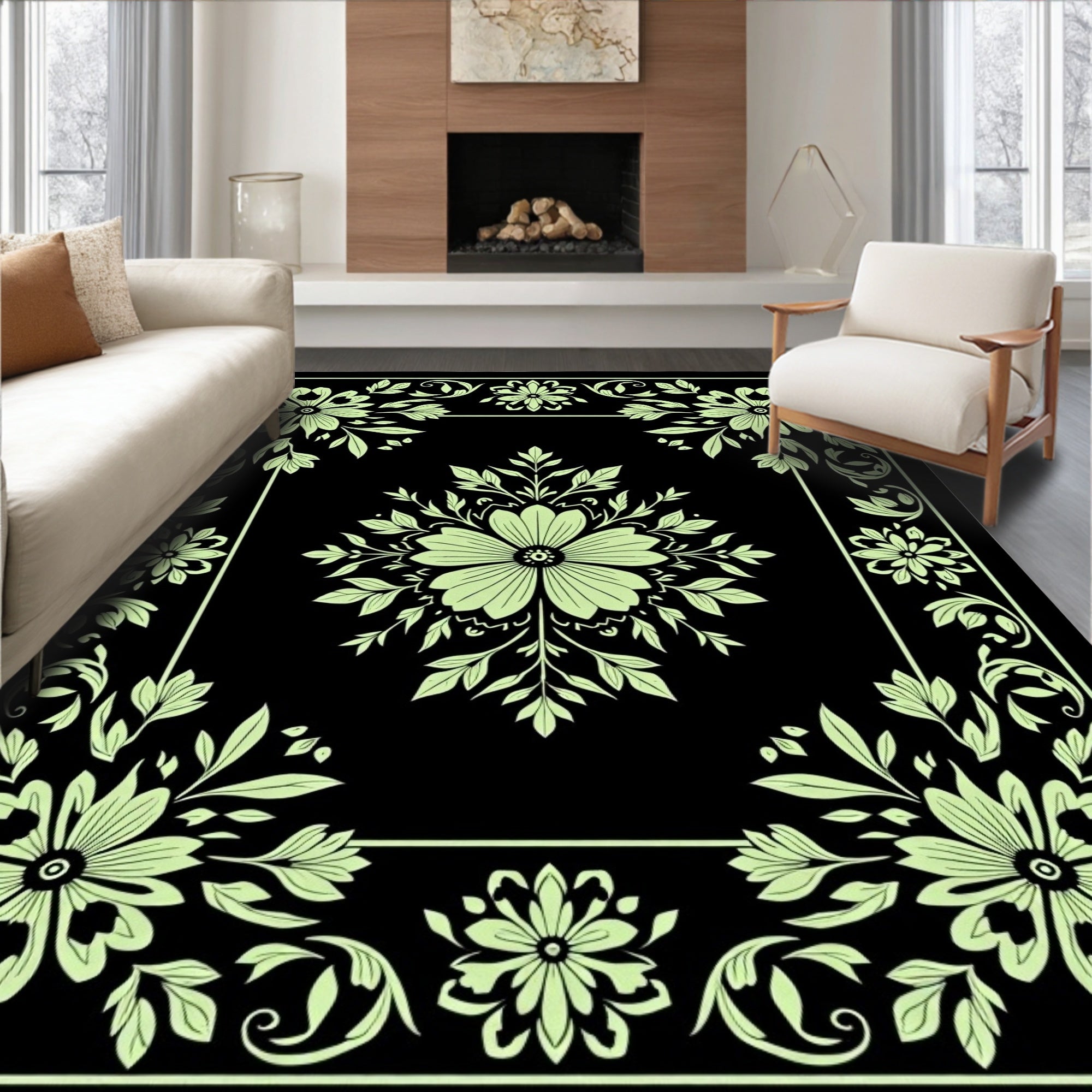 Ornate Floral Black Background Design Rug