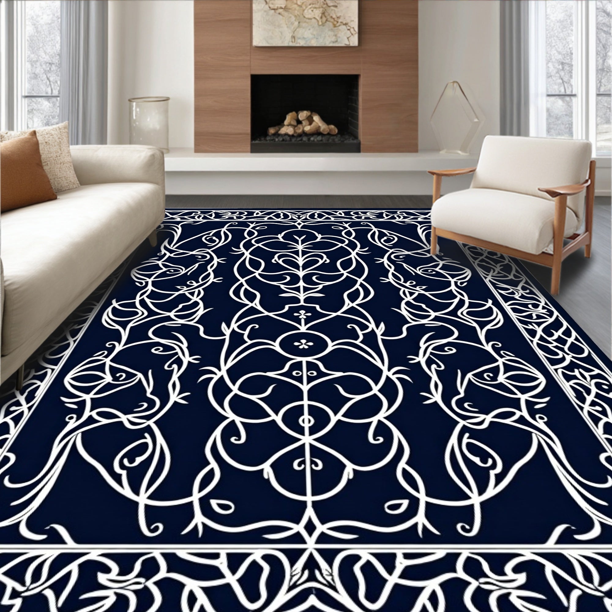 Ornate White Intertwined Floral Design Rug