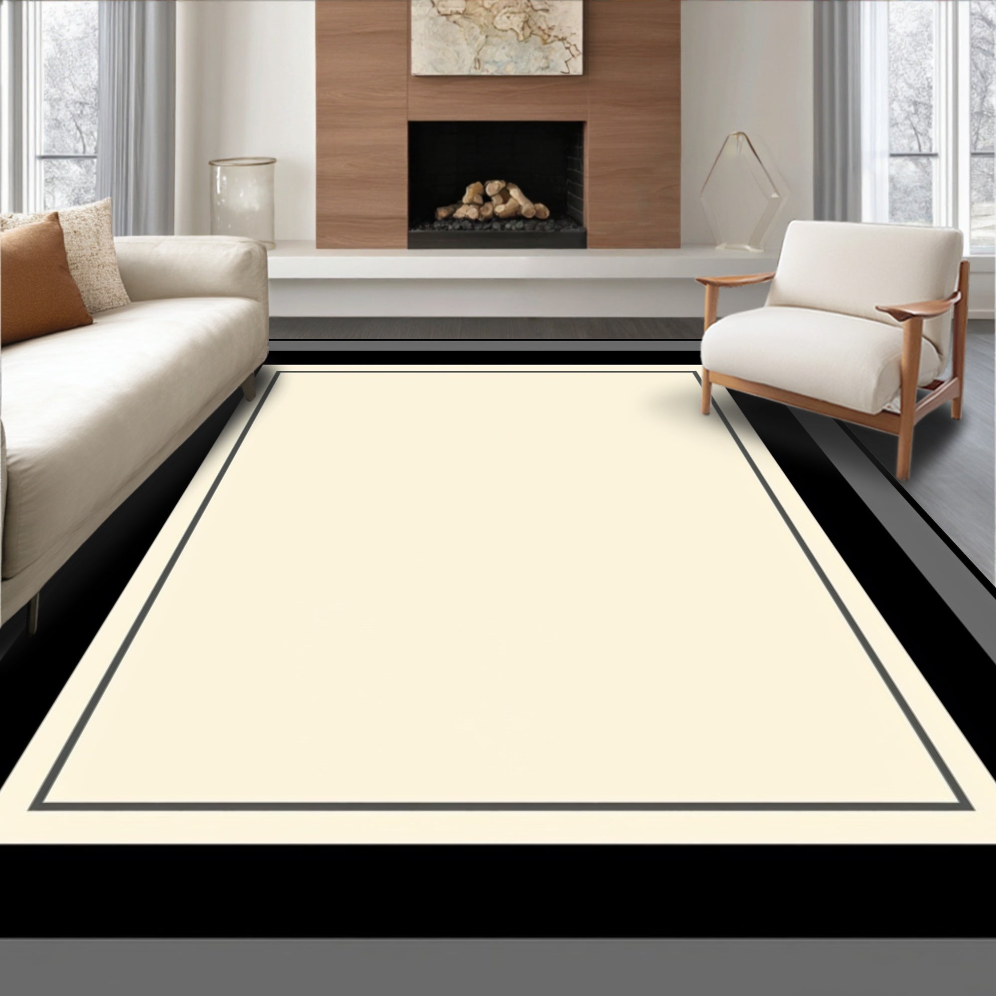 Minimalist Cream Black 3-Stripe Border Rug