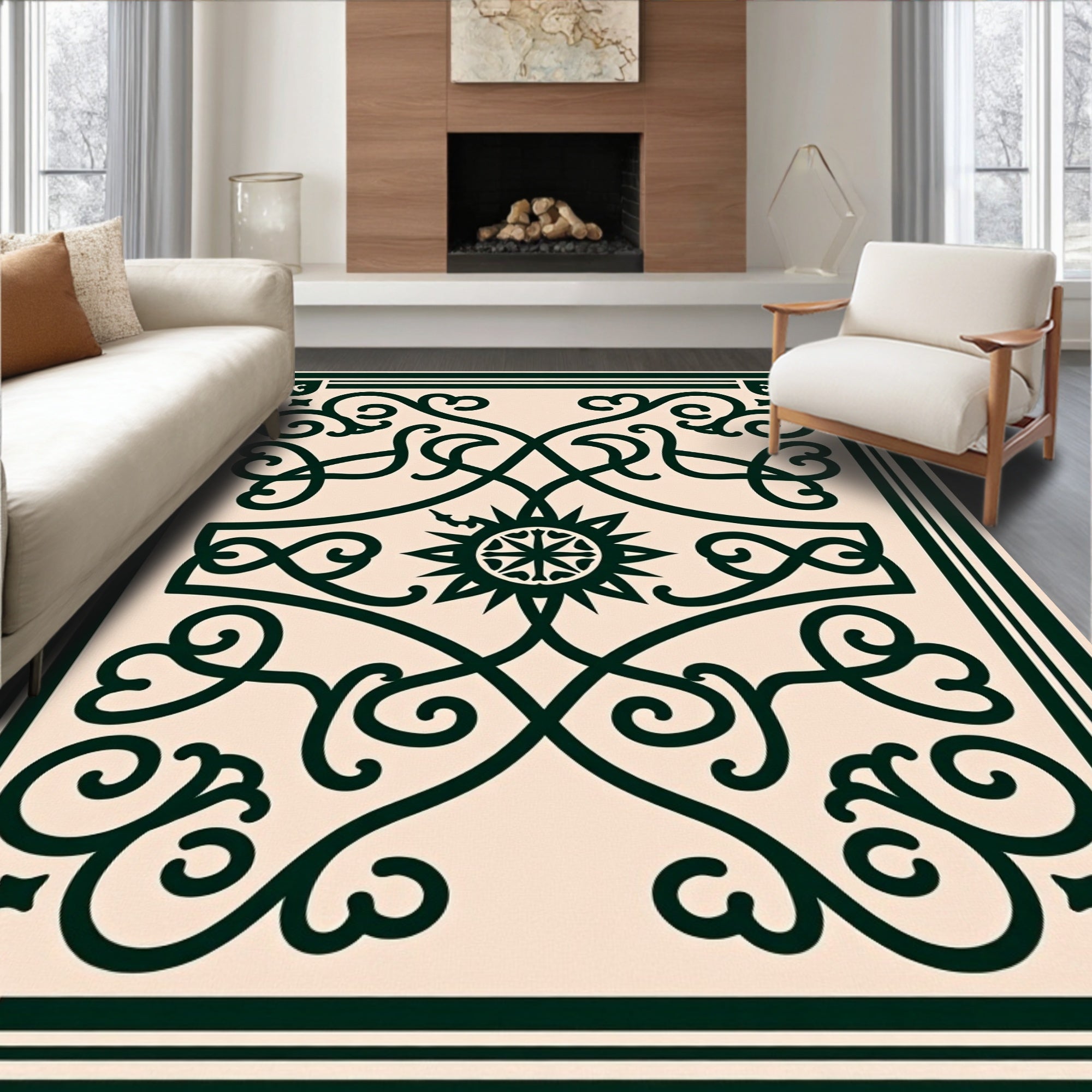 Elegant Scrollwork And Starburst Pattern Rug