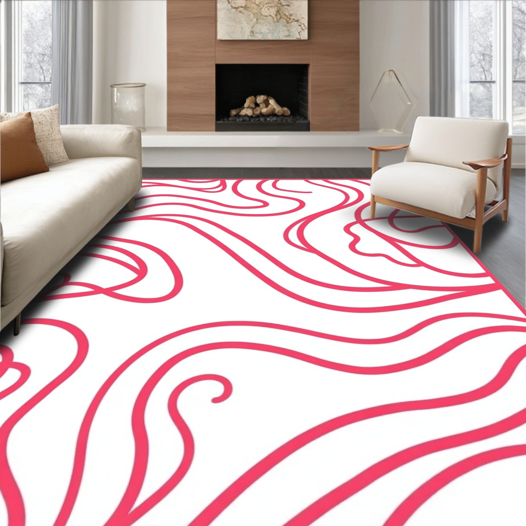 Crimson Wavy Flowing Lines Rug