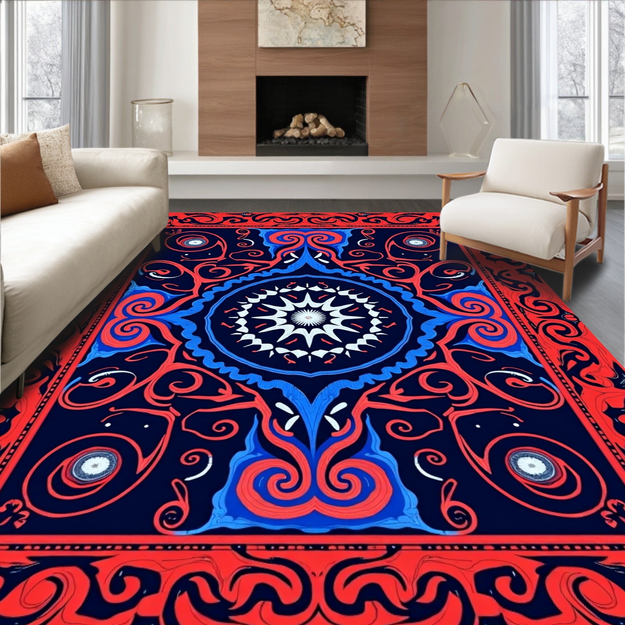 Tribal Mandala Bold Red Blue Design Rug