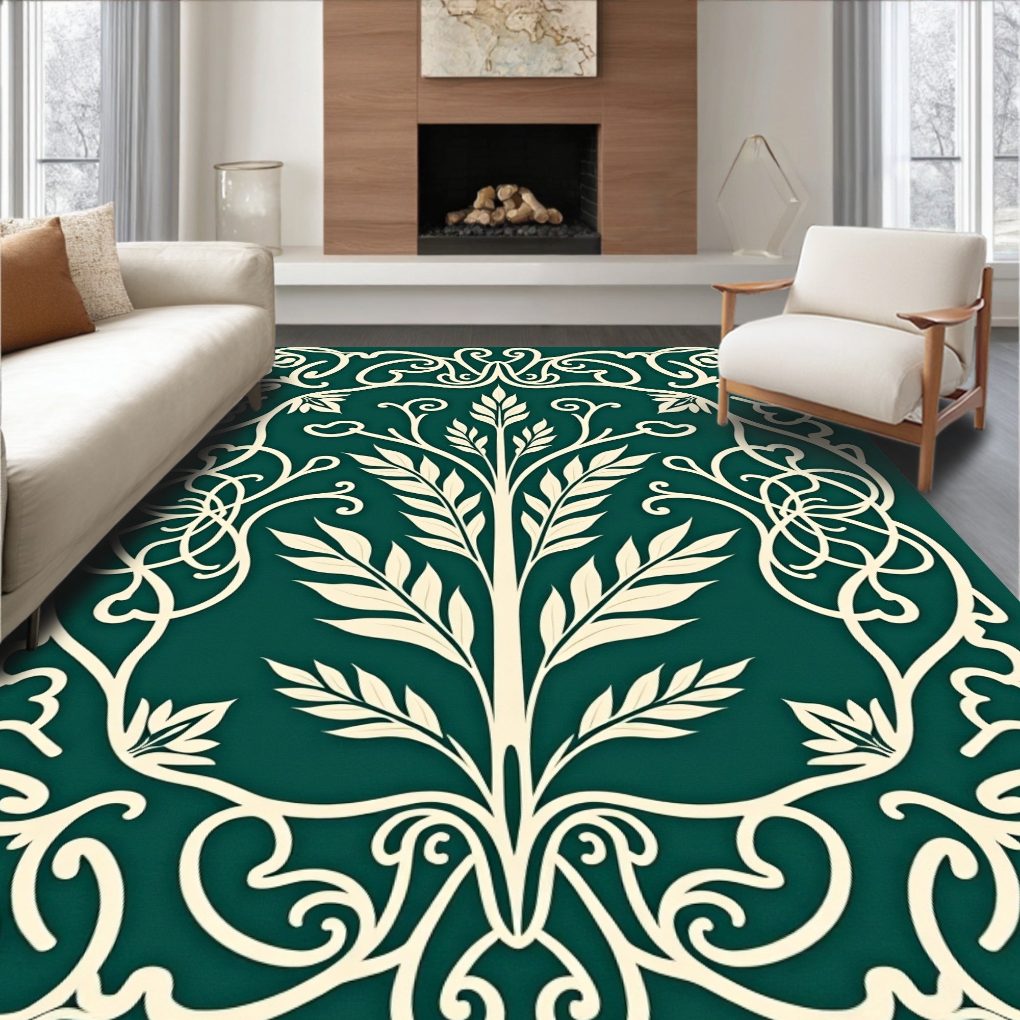 Elegant White Teal Floral Scroll Rug
