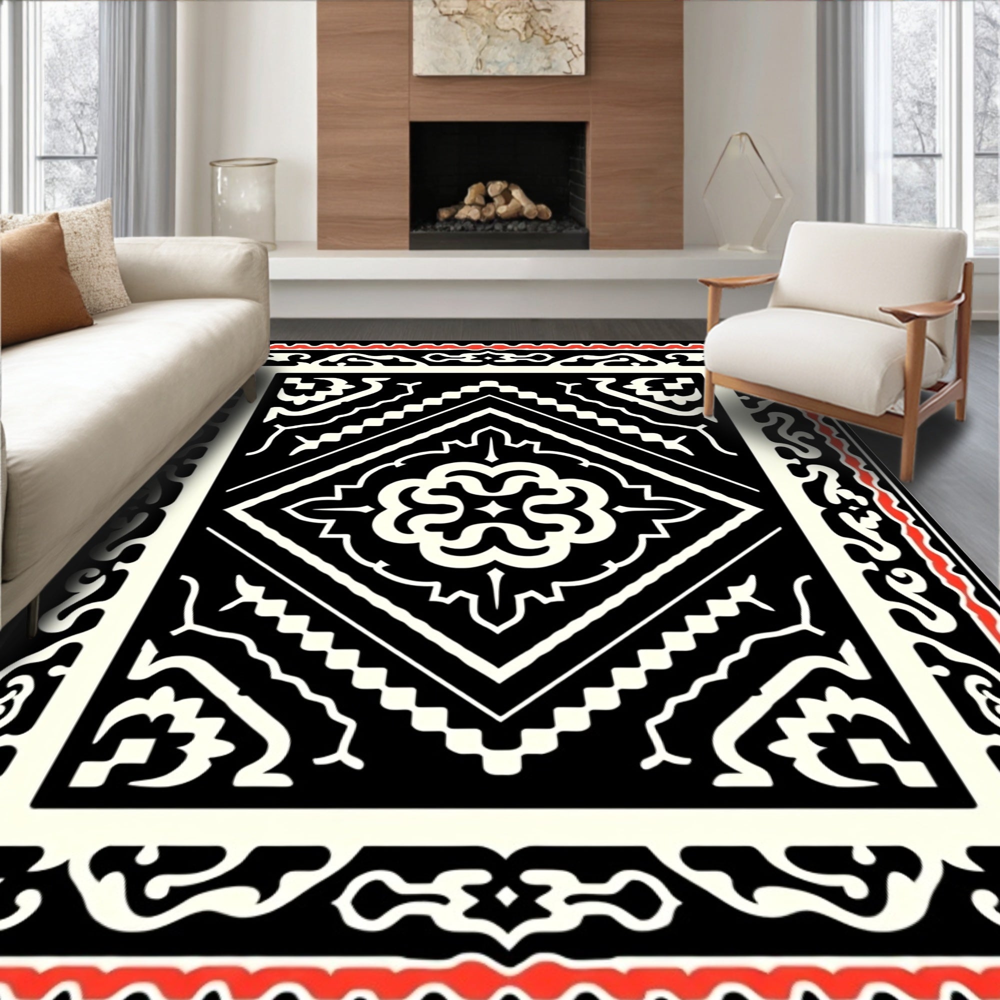 Ornate Black and Red Geometric Pattern Rug