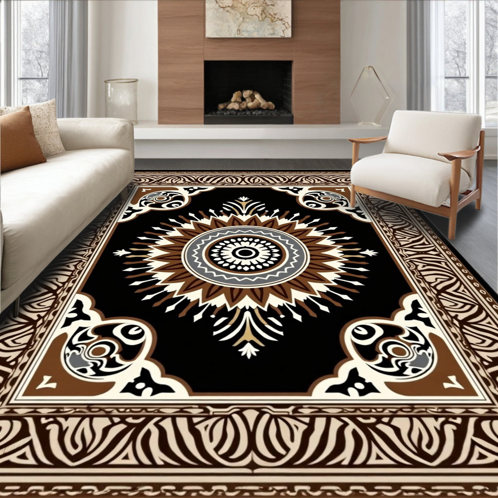 Ornate Radial Brown Black Pattern Rug