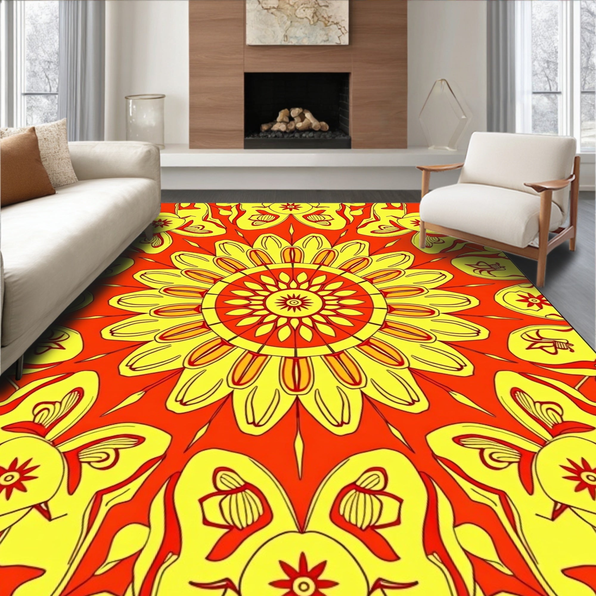Vibrant Sunburst Mandala Pattern Rug
