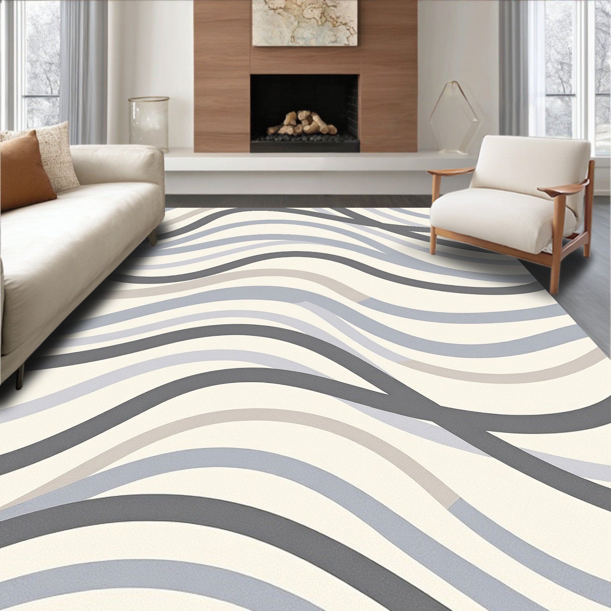 Modern Gray Blue Wavy Stripe Design Rug