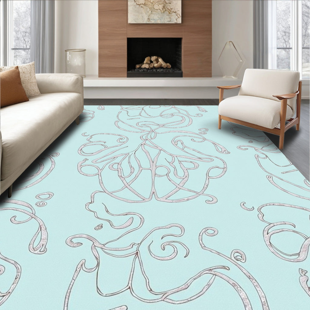 Light Blue Swirling Organic Abstract Pattern Rug