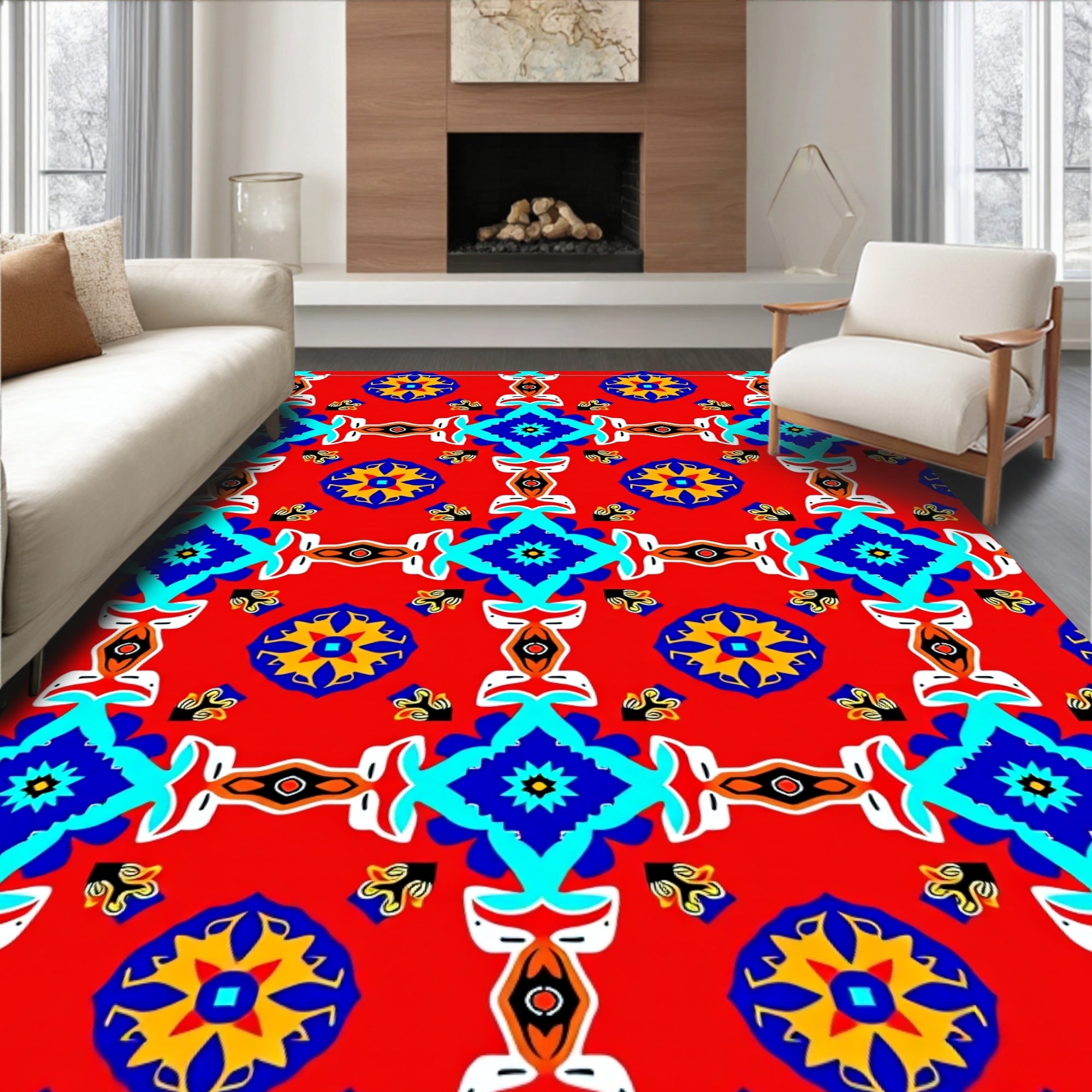 Bright Red Blue Abstract Geometric Rug