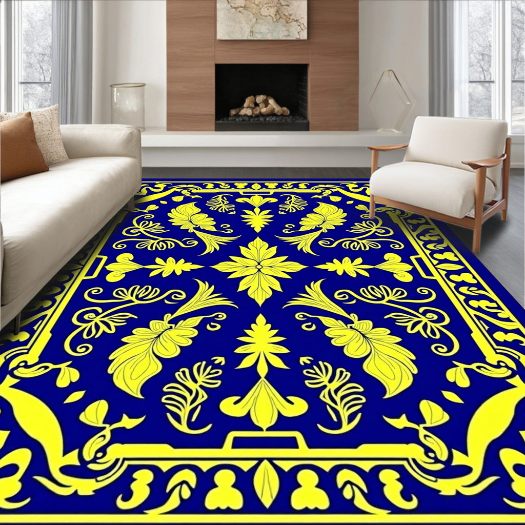 Royal Blue Yellow Floral Border Rug