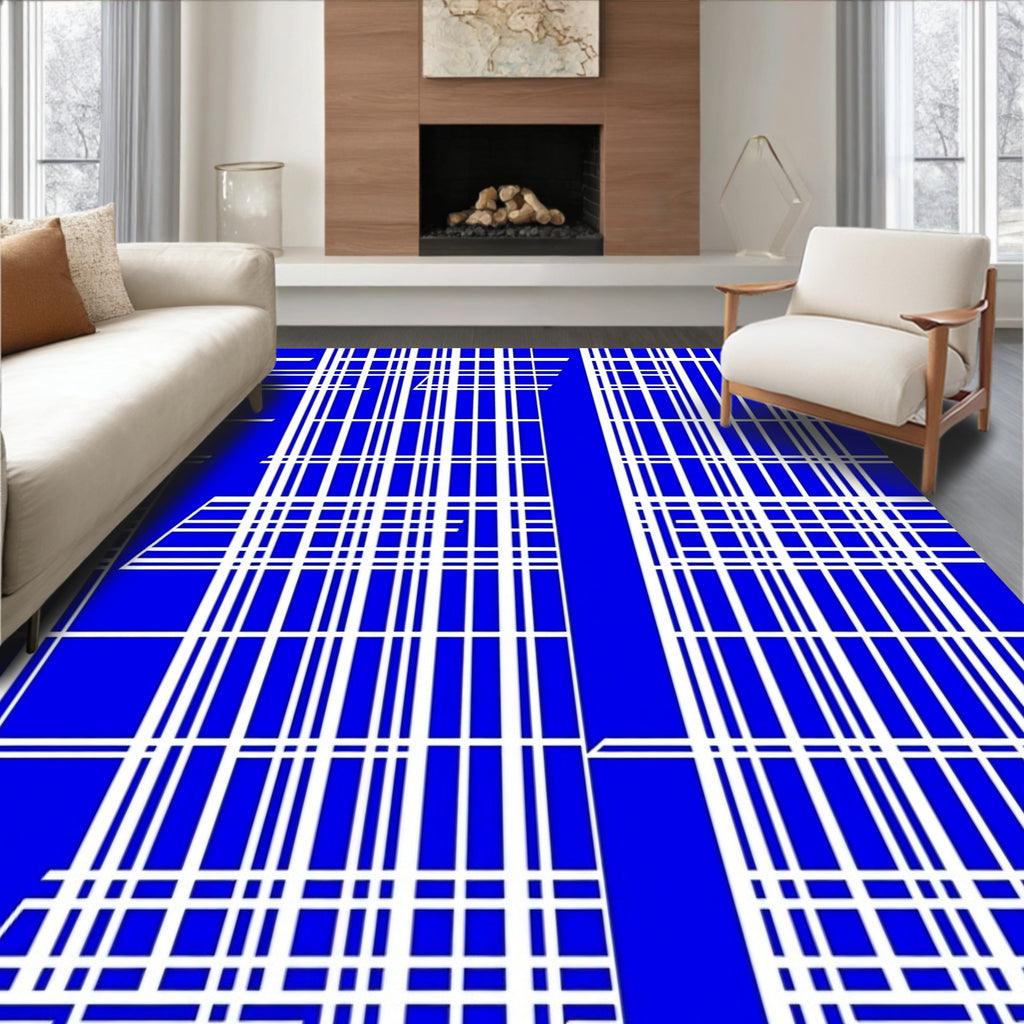 Bold Blue White Grid Pattern Rug