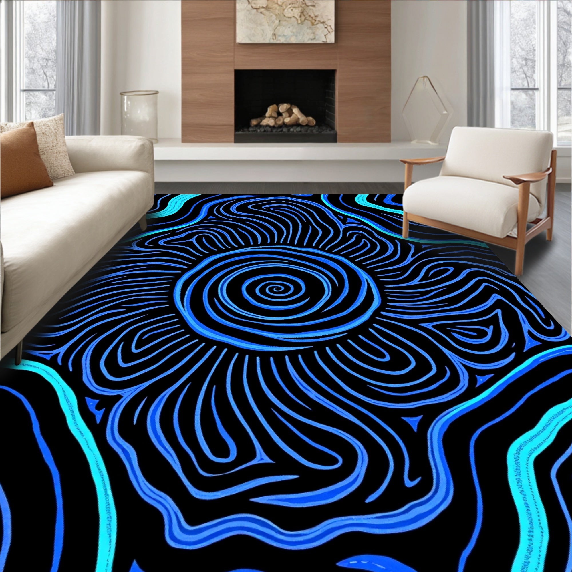Vibrant Blue Swirl Line Art Rug