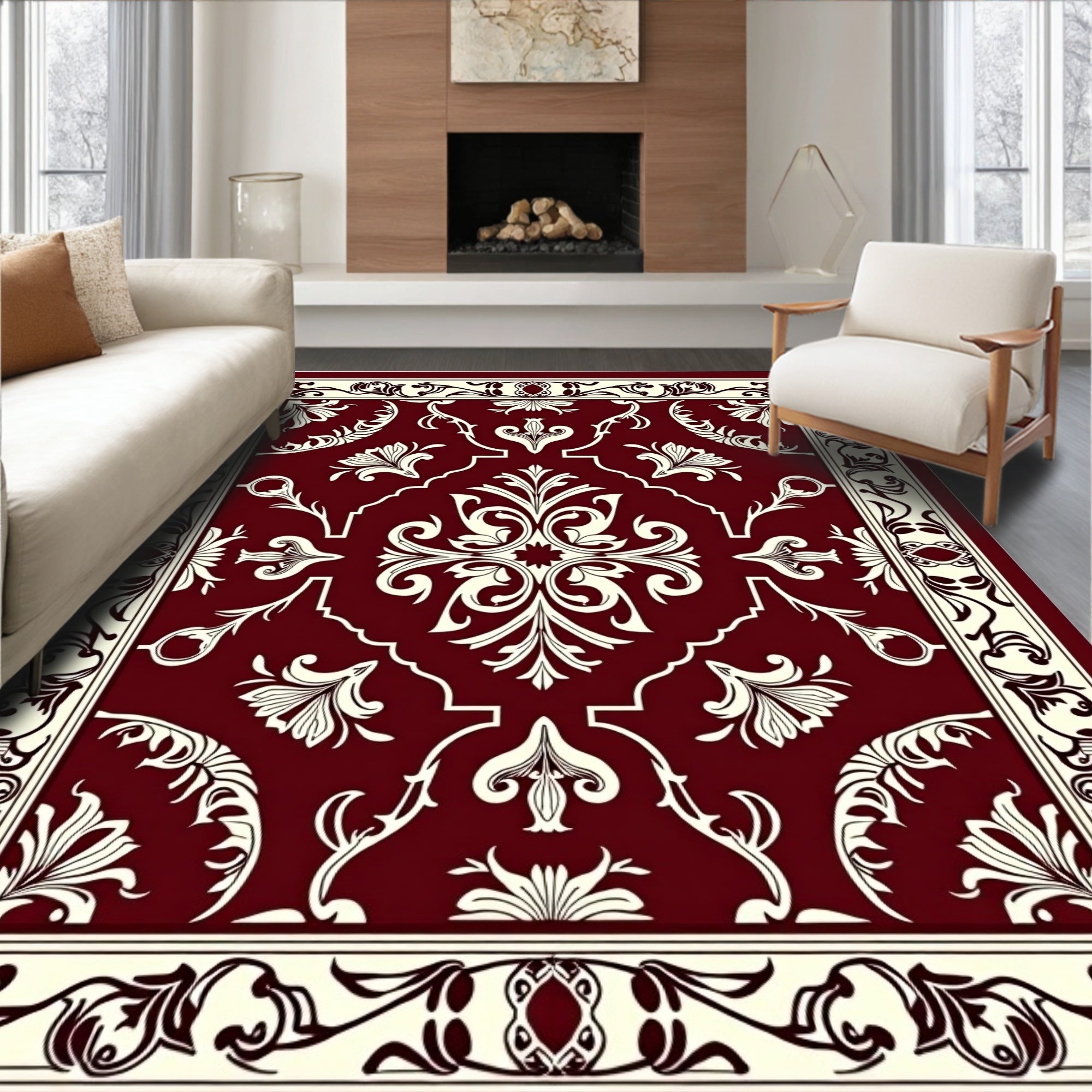 Rich Red Floral Scroll Pattern Rug