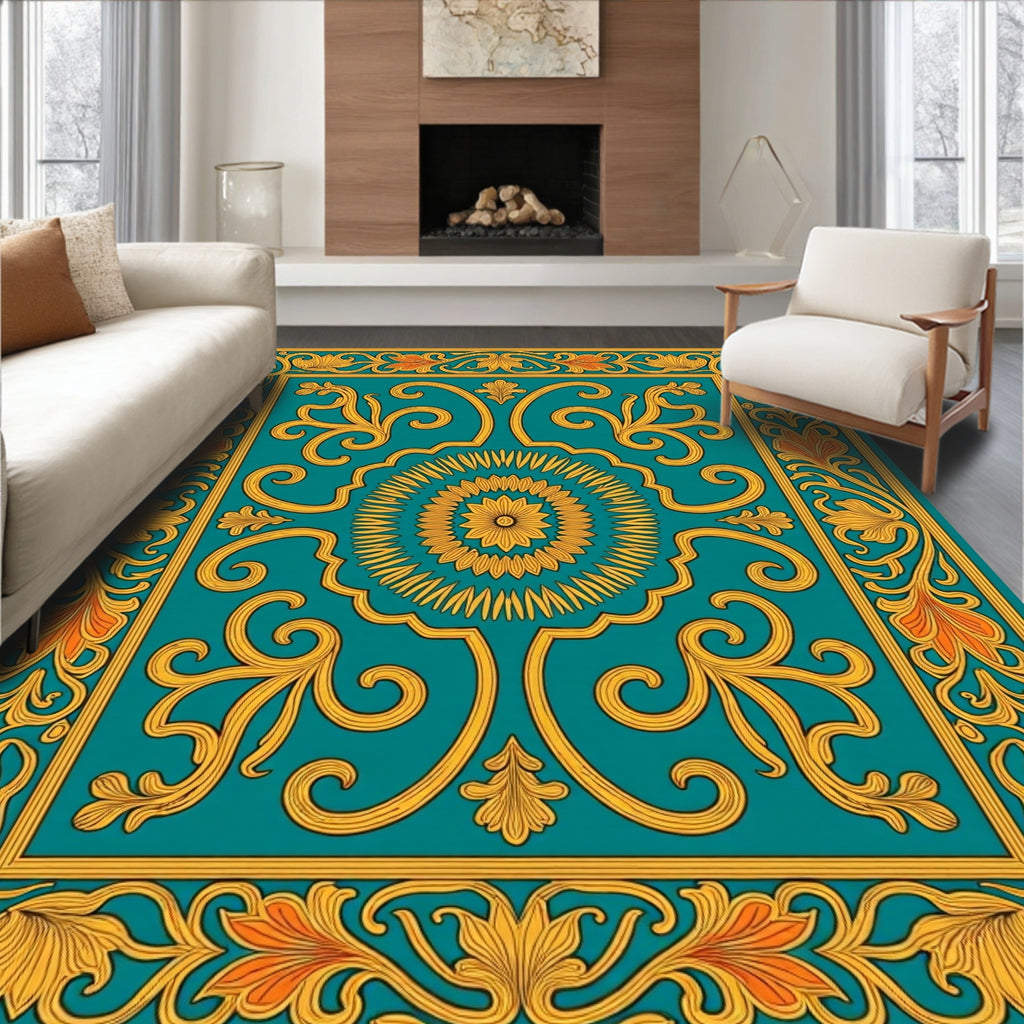 Teal Gold Intricate Floral Medallion Design Rug