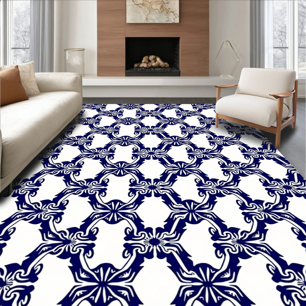 Indigo Floral Lattice Pattern Rug