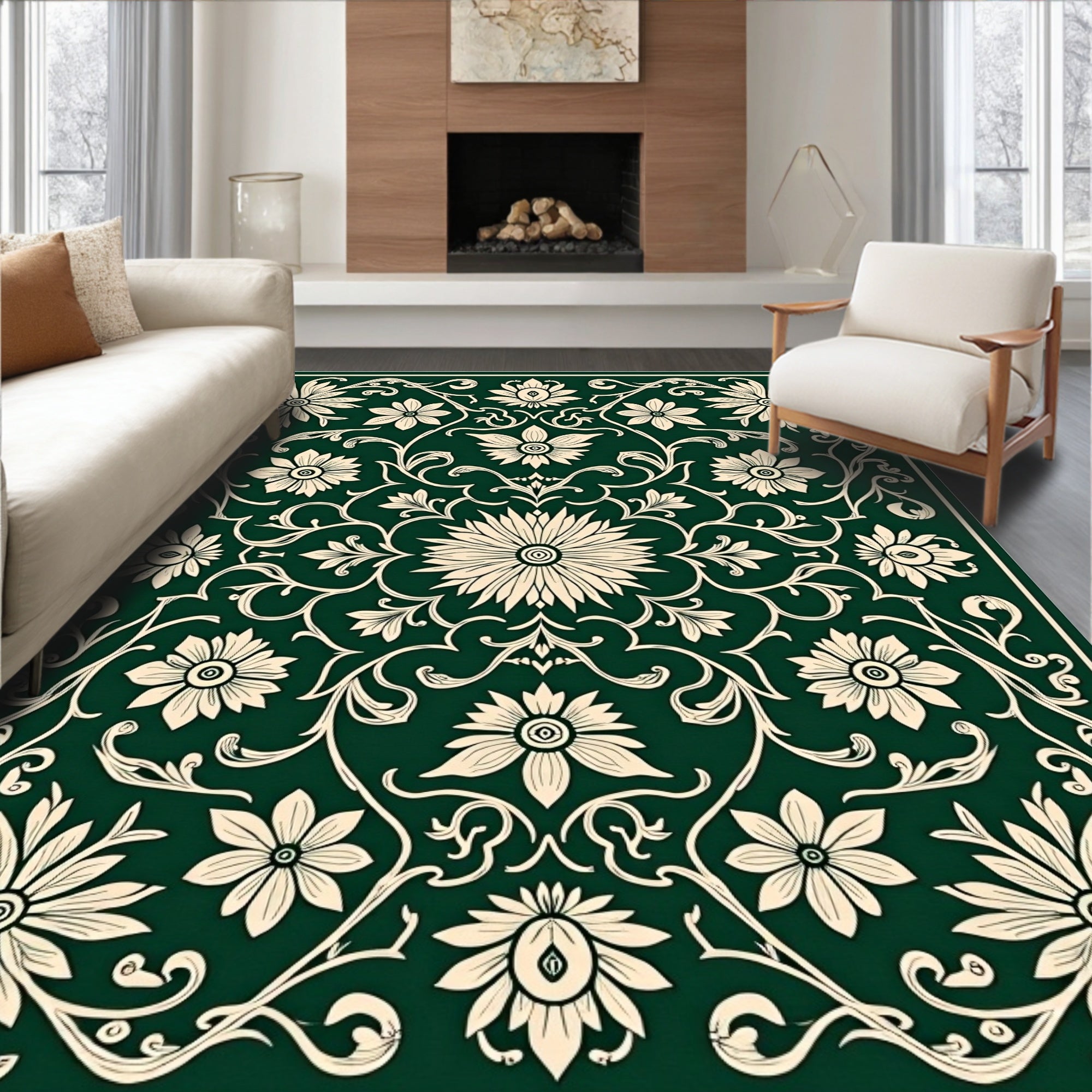 Elegant Cream Floral Vines Pattern Rug