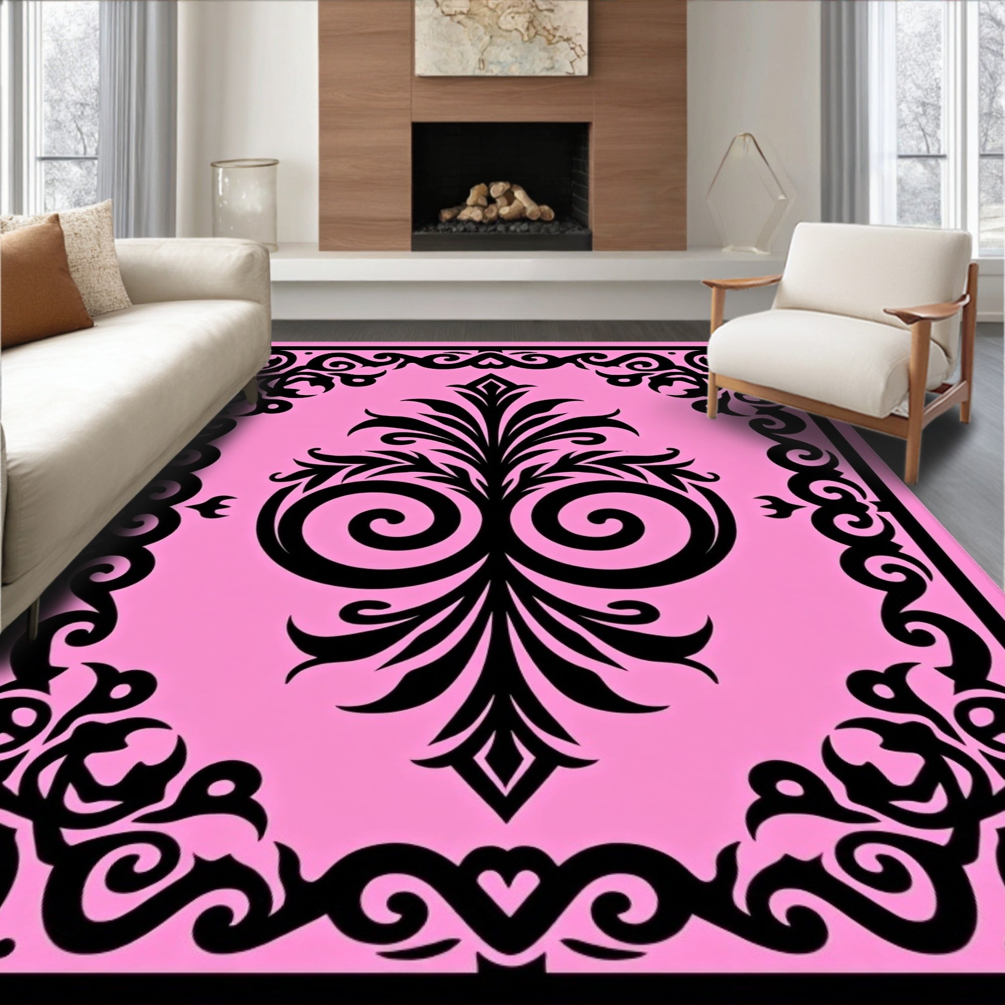 Black Floral Swirl Pink Inspired Pattern Rug
