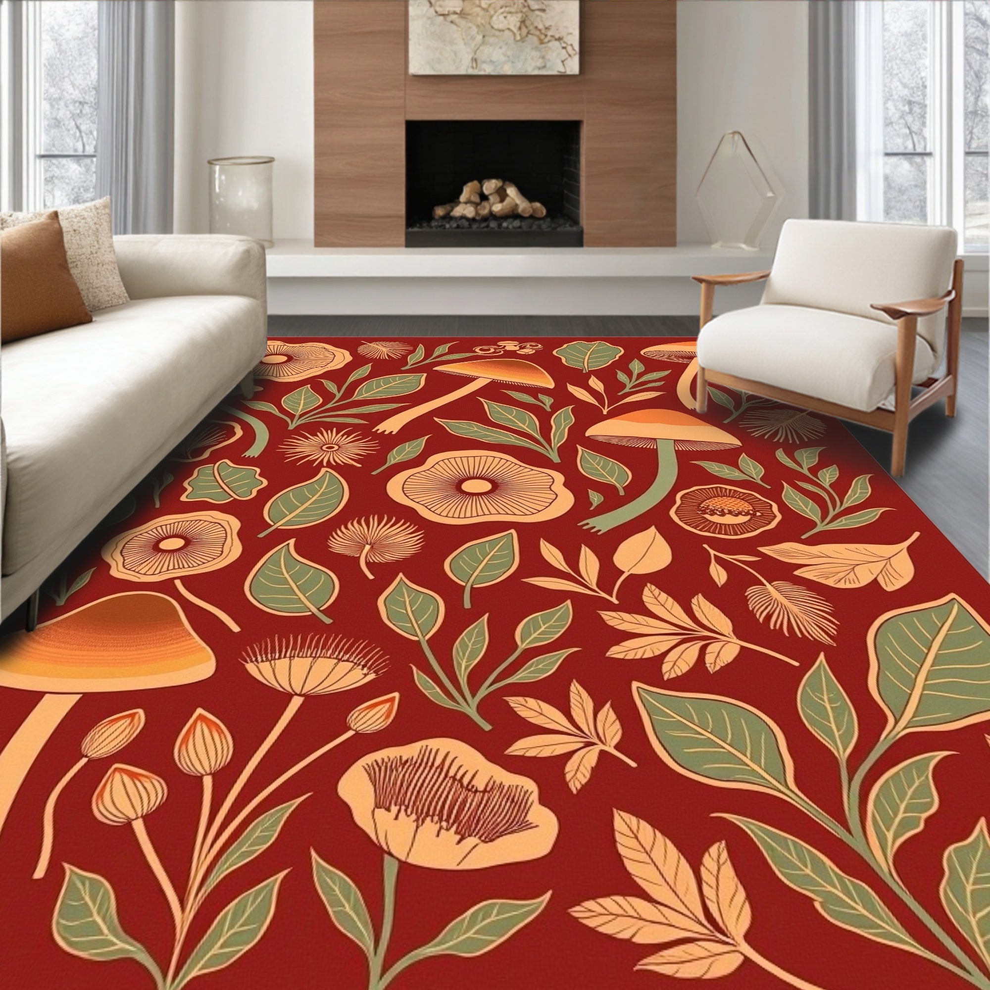 Mushroom and Leaf Garden Pattern Rug