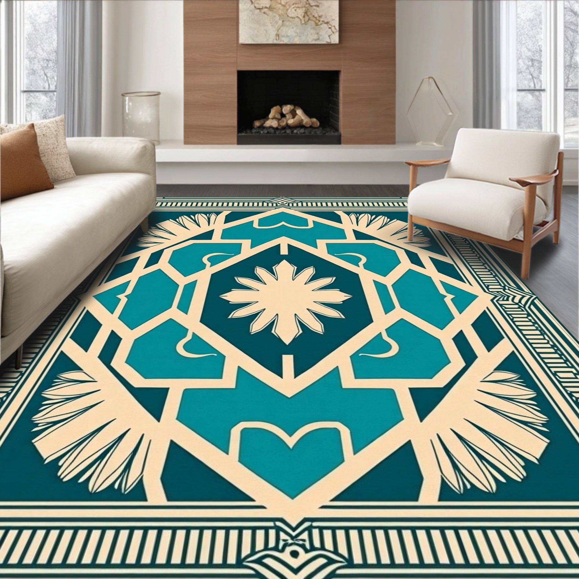 Art Deco Teal Geometric Pattern Rug