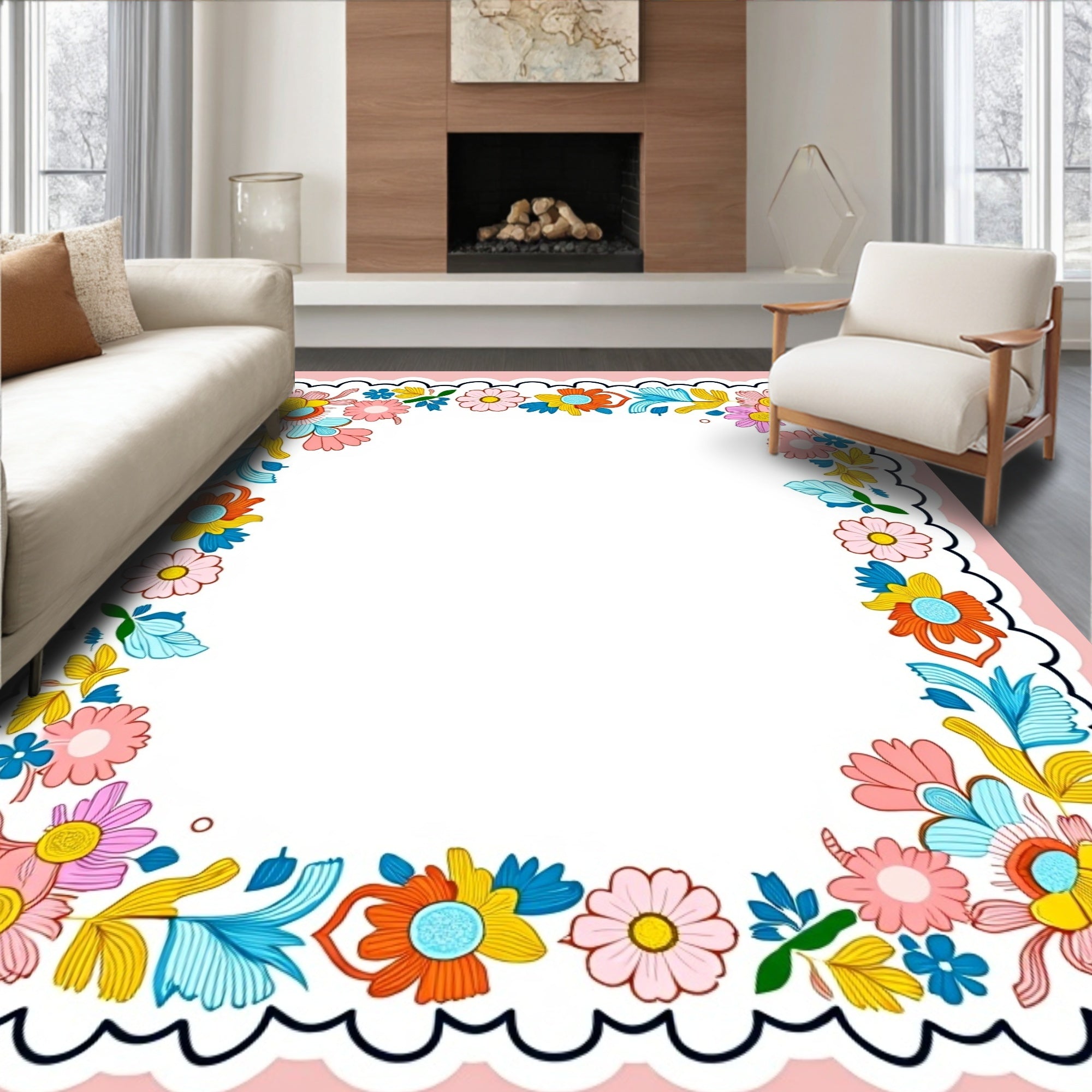 Vibrant Floral Border Pattern Rug