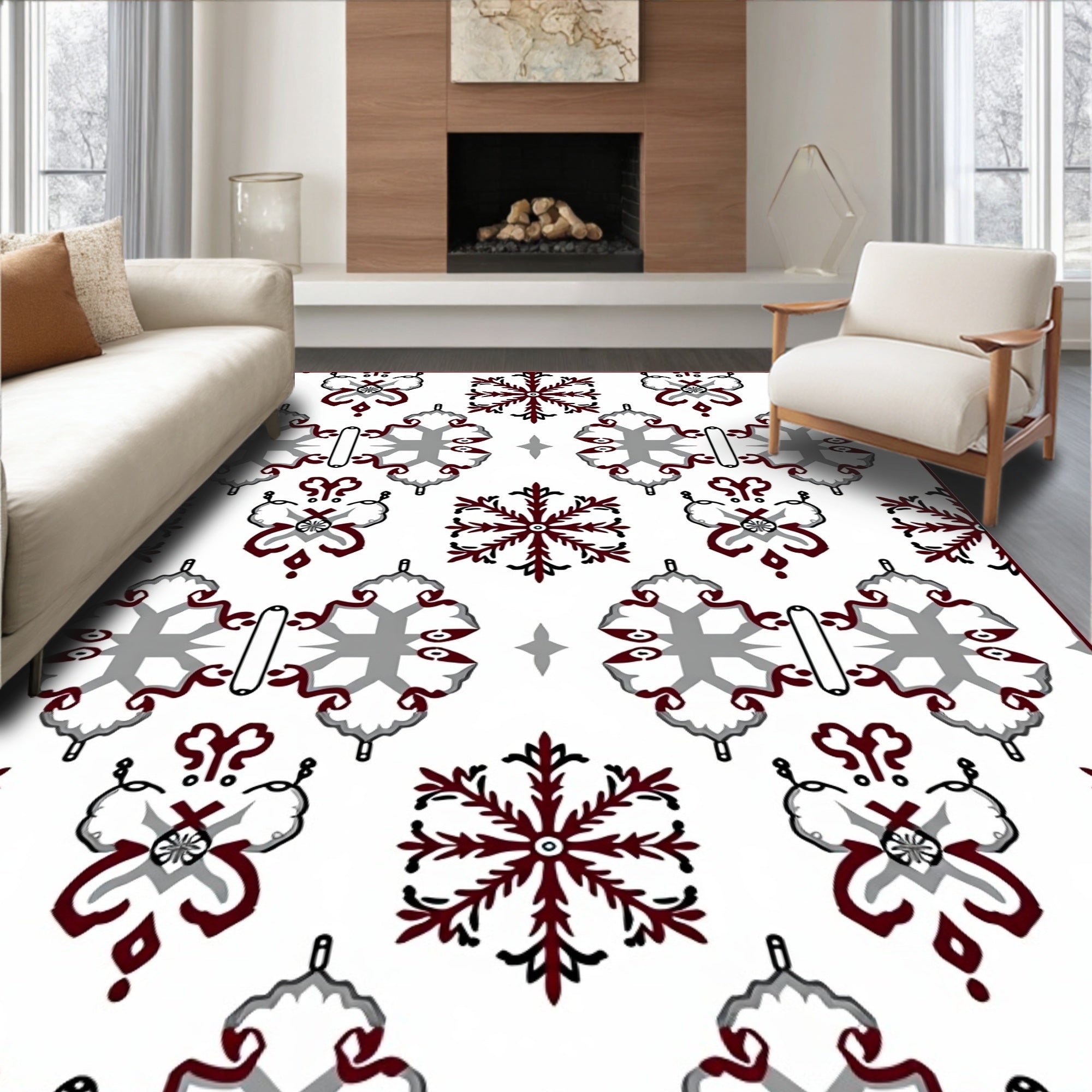 Crimson Gray Snowflake Mandala Art Rug