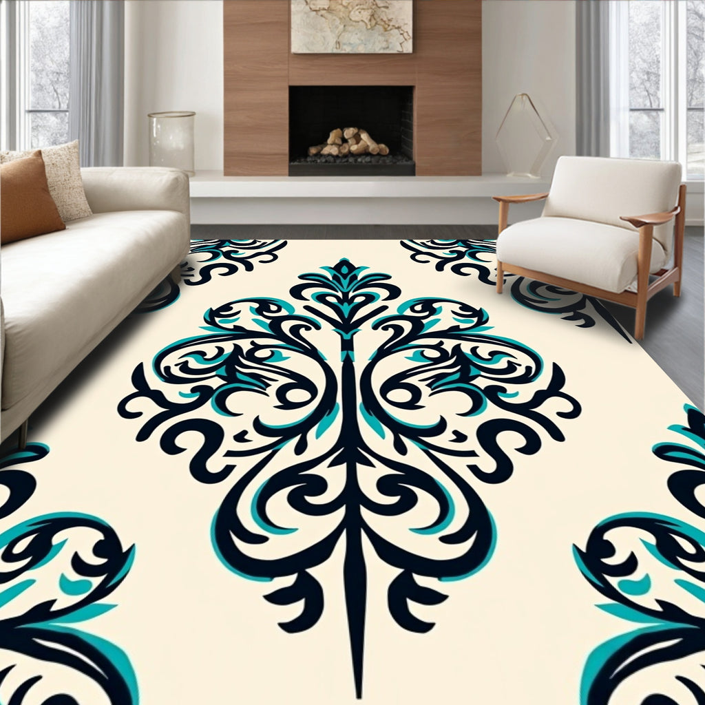 Classic Teal Navy Damask Pattern Rug